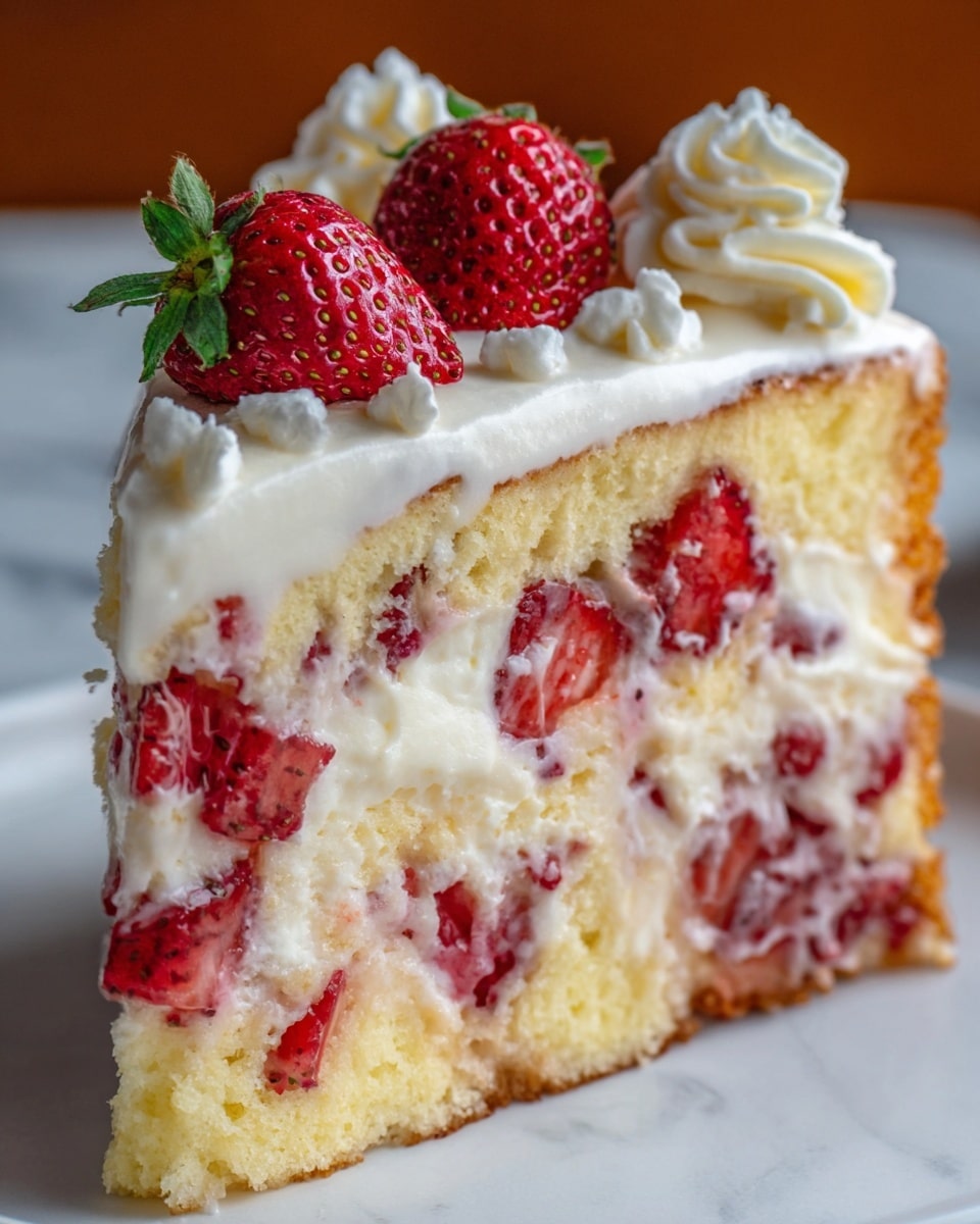 A close-up image of a slice of layered vanilla cake filled with fresh strawberries and thick cream. The bottom layer shows light yellow sponge cake mixed with chunks of red strawberries soaked in cream. The middle layer consists of smooth white cream with pieces of strawberries evenly distributed. The top layer is a thin spread of glossy white cream decorated with three whole red strawberries and small swirls of white whipped cream around the edge of the cake slice. The cake sits on a white plate on a white marbled surface, with a blurry warm background. Photo taken with an iphone --ar 4:5 --v 7