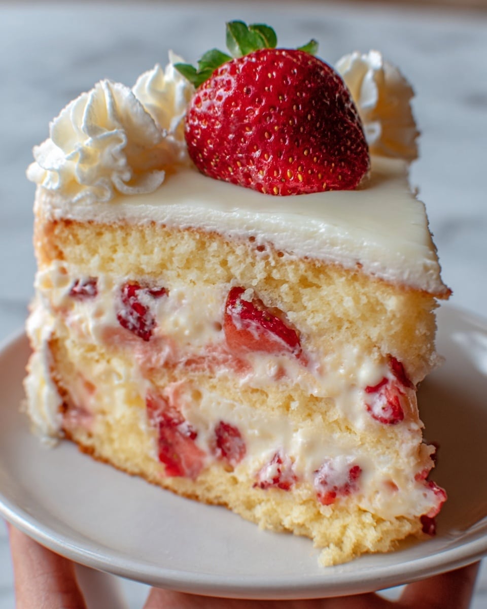 The image shows a slice of cake with three visible layers on a white plate. The bottom layer is light yellow sponge cake with pieces of red strawberry mixed inside. Above it, there is a thick creamy white layer that also has small strawberry pieces. The top layer is another light yellow sponge cake. On the top of the slice, there is a smooth white cream layer with a whole red strawberry and some dollops of whipped cream around it. The background is a white marbled surface, and a woman's hand is holding the plate. Photo taken with an iphone --ar 4:5 --v 7