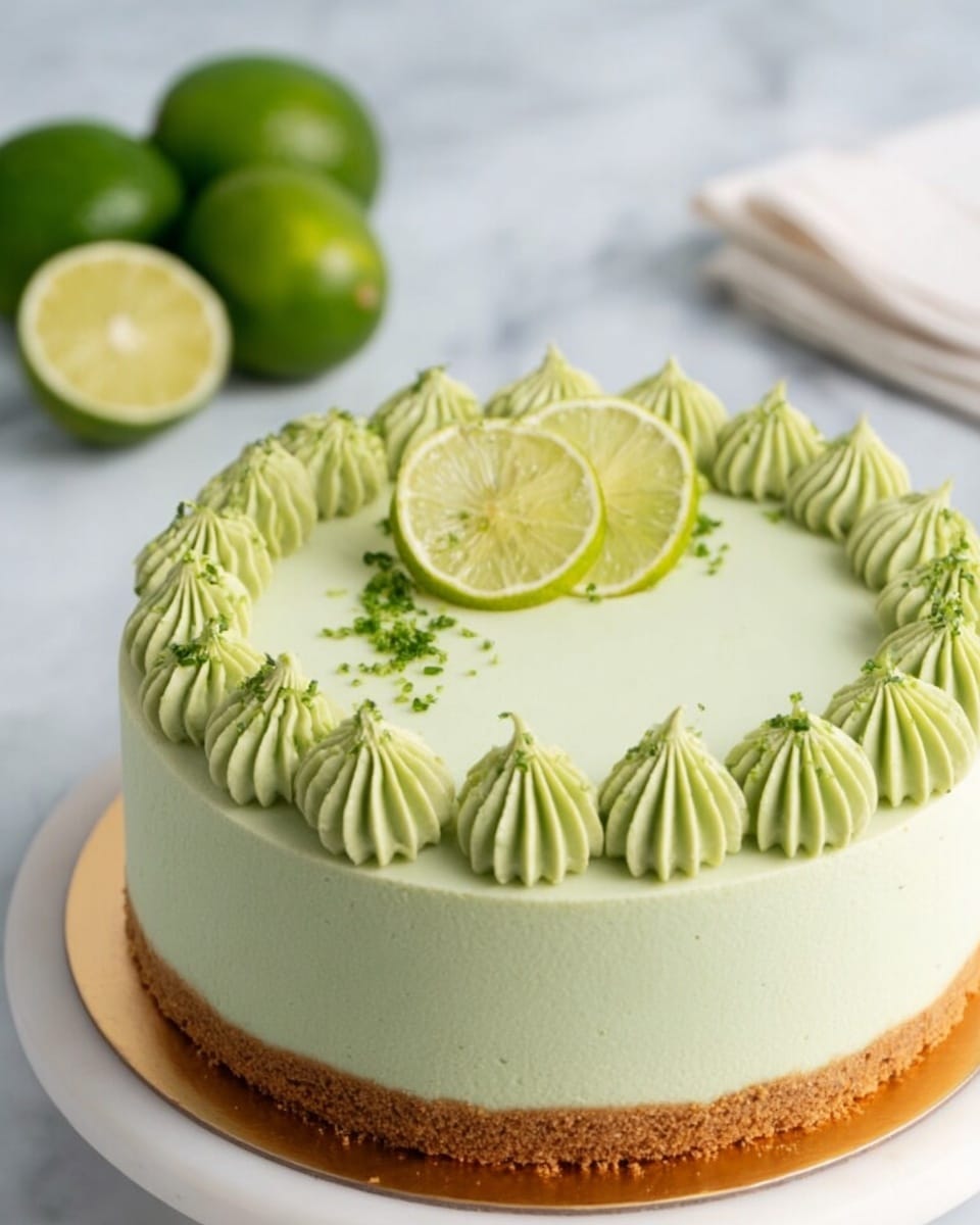 The image shows a round lime cake with three layers. The bottom layer is a crumbly light brown crust, the middle layer is a smooth light green cream filling, and the top layer is decorated with evenly spaced swirls of the same light green cream around the edge. In the center of the cake are three thin slices of lime placed together, with small green garnish beside them. The cake is on a gold base placed on a white plate, all set on a white marbled surface with whole limes blurred in the background. photo taken with an iphone --ar 4:5 --v 7