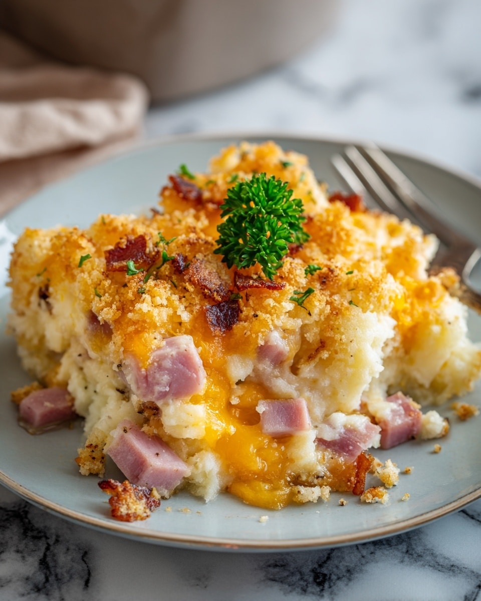 A white plate holds a creamy baked casserole with three visible layers; the base layer is mashed potatoes mixed with chunks of ham, pale pink with soft texture; the middle layer is melted golden-yellow cheddar cheese, partially oozing and slightly browned; the top layer is a golden-brown crispy breadcrumb crust sprinkled with small bits of crispy ham and herbs. A small green parsley sprig sits on top as garnish. The plate rests on a white marbled surface, with a silver fork partly visible behind the food. photo taken with an iphone --ar 4:5 --v 7