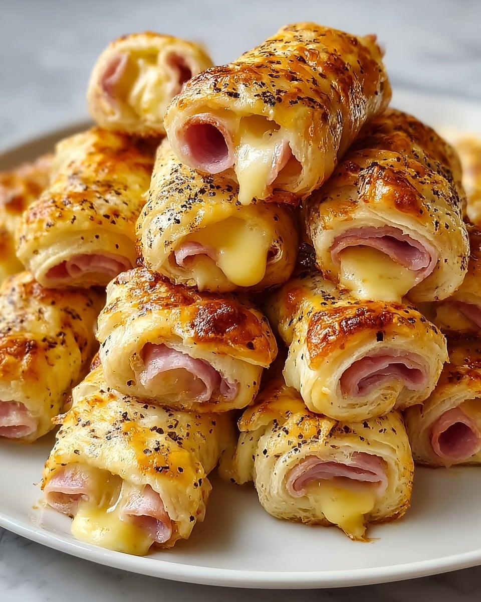 A white plate is filled with several rolled pastries, each made of a flaky golden-brown outer layer with melted cheese baked on top, sprinkled with black pepper. Inside, there are visible layers of thin pink ham and gooey melted yellow cheese that oozes slightly from the ends. The rolls are stacked closely together, showing a slightly crispy texture on the outside and soft, warm layers inside, all set against a white marbled surface. photo taken with an iphone --ar 4:5 --v 7