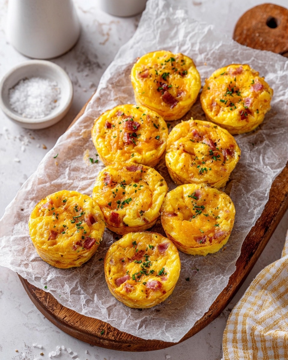 Nine small, round egg muffins with a bright yellow color are arranged on a crinkled piece of parchment paper resting on a wooden board. Each muffin shows bits of reddish-brown ham and melted orange cheddar cheese, with a slightly browned top and sprinkled with finely chopped green herbs. The muffins have a soft and fluffy texture with visible small chunks inside. The background has a white marbled texture, and to the upper left, there is a white container and a small white bowl with coarse salt, while the upper right corner has a beige and white checkered cloth. photo taken with an iphone --ar 4:5 --v 7