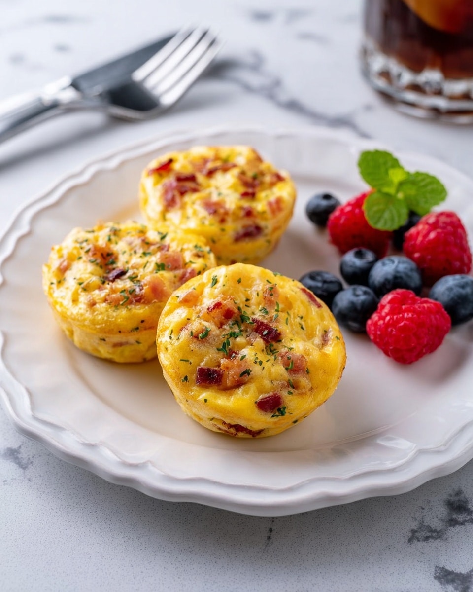 Three round egg muffins with a golden-yellow top mixed with small pieces of red and brown bits, likely ham or bacon, sprinkled with green herbs, sitting on a white plate with scalloped edges. On the right side of the plate is a small pile of fresh berries, including red raspberries and dark blue blueberries, topped with a small green mint leaf. The plate is set on a white marbled surface. In the background, a drink in a glass and a silver fork can be seen. photo taken with an iphone --ar 4:5 --v 7