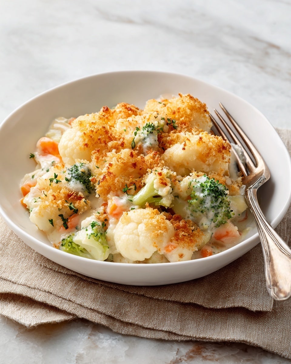 A white bowl filled with a creamy casserole made of large layers of white cauliflower and green broccoli florets mixed with small orange carrot pieces. The top layer is golden brown with a crispy, toasted breadcrumb crust, creating a crunchy texture over the soft vegetables. The creamy sauce beneath peeks through, binding the vegetables together with small green herb flecks adding a fresh touch. A silver fork is placed on the right side of the bowl. The bowl sits on a white marbled textured surface with a beige cloth nearby. photo taken with an iphone --ar 4:5 --v 7