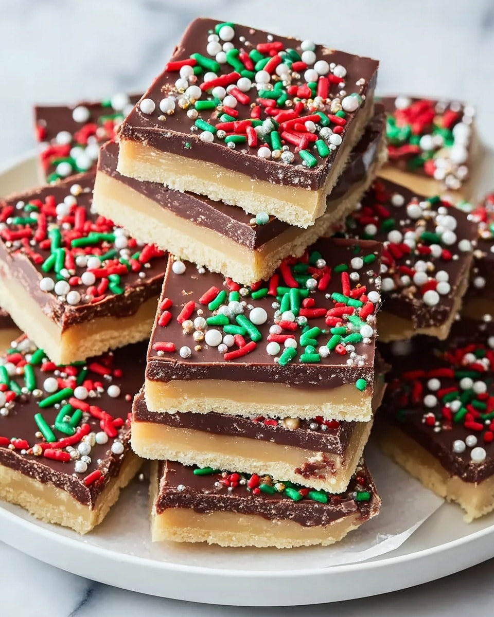 A white plate filled with a stack of square-shaped layered treats, each piece having three visible layers: a crisp light beige base, a middle pale layer slightly softer in texture, and a thick smooth dark brown chocolate top layer. The chocolate layer is decorated with scattered red and green sprinkles shaped like tiny sticks and small round off-white crunchy pearls. The stack is arranged unevenly with some pieces tilted, showing the layers clearly against a white marbled surface. photo taken with an iphone --ar 4:5 --v 7