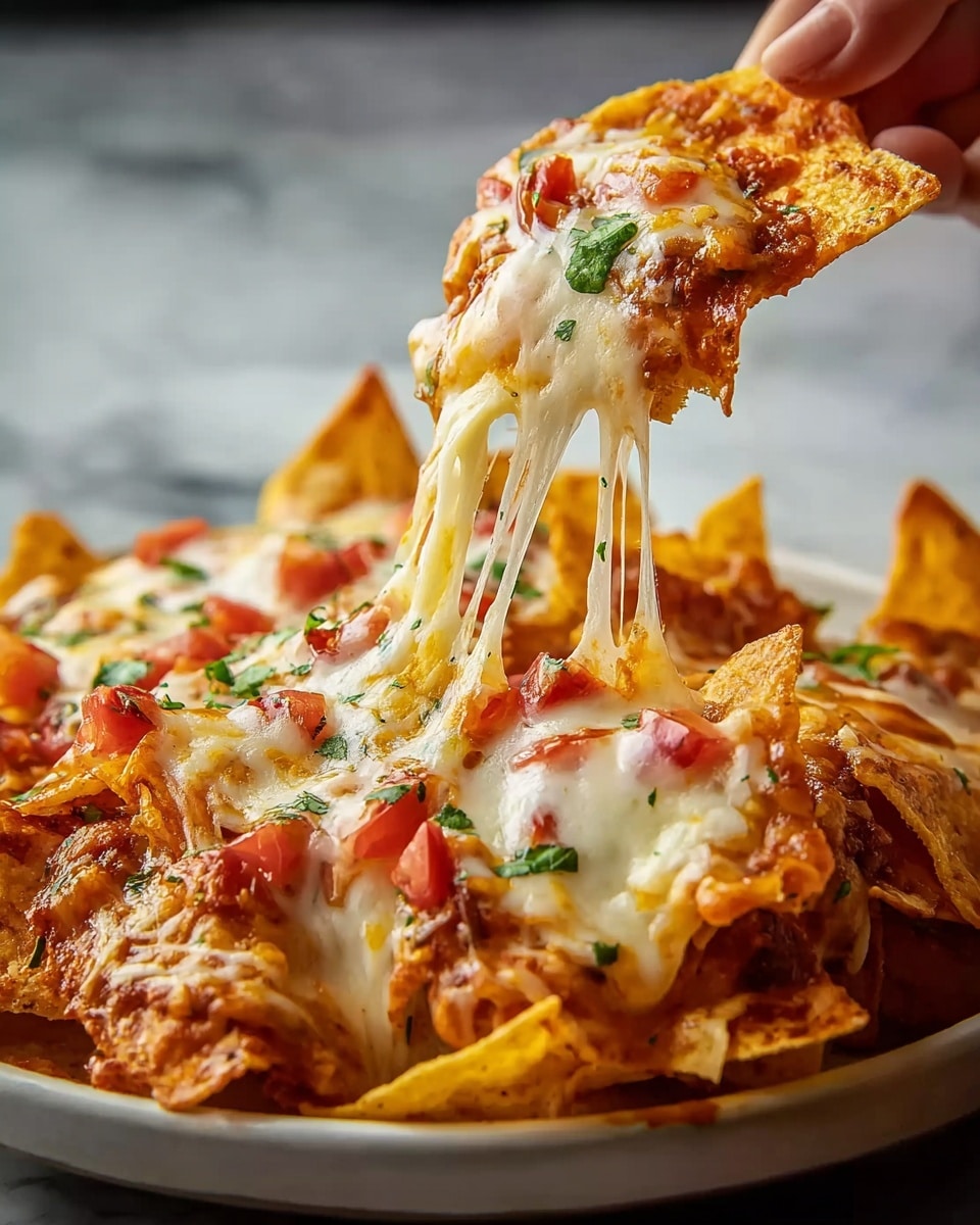 A close-up view shows a plate of nachos with a woman's hand lifting a chip covered in melted cheese, which stretches in long, gooey strands. The plate holds many tortilla chips topped with layers of golden to brown melted cheese, small chunks of red tomatoes, and green herbs scattered on top. The chips are crisp and slightly dipped in a sauce underneath, giving the dish a textured look with different shades of yellow, white, and red. The scene is set against a white marbled surface that adds a clean, simple background. photo taken with an iphone --ar 4:5 --v 7