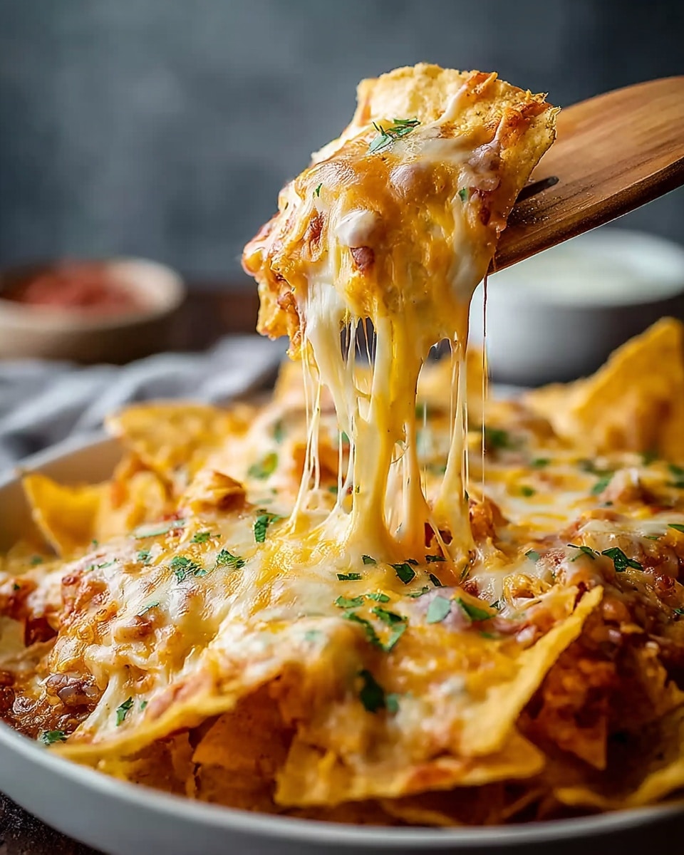 A close-up of a cheesy nachos dish in a white plate, showing one nacho chip being lifted by a wooden spatula with melted yellow and white cheese stretching from the chip to the plate. The plate is full of golden brown tortilla chips covered with a thick layer of melted cheese sprinkled with small green herb pieces. The background has a soft blur, and the surface is a white marbled texture. photo taken with an iphone --ar 4:5 --v 7