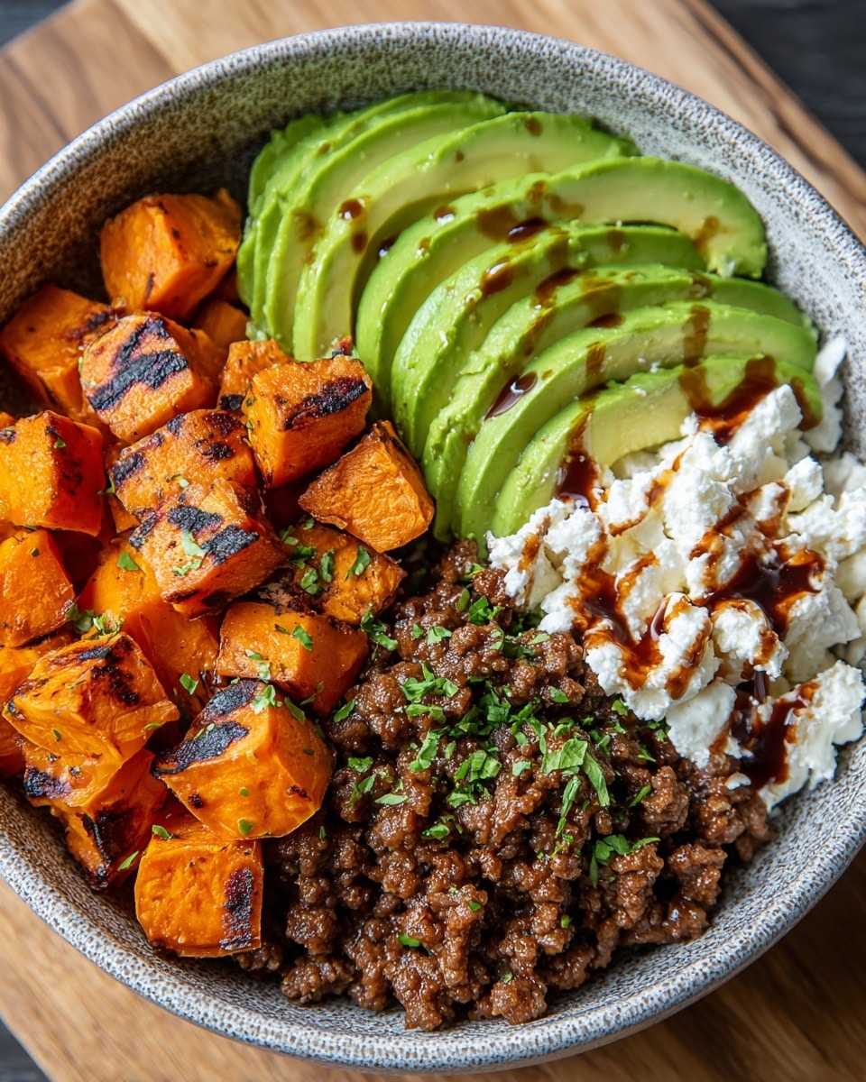 A round bowl with a speckled gray texture filled with four main layers arranged side by side: bright orange grilled sweet potato cubes with char marks on the bottom left, dark brown ground beef with a glossy texture sprinkled with green herbs in the top center, light green sliced avocado fanned out in the top right, and soft white crumbled cheese topped with a drizzle of dark brown sauce in the bottom right. The bowl is set on a wooden surface. photo taken with an iphone --ar 4:5 --v 7
