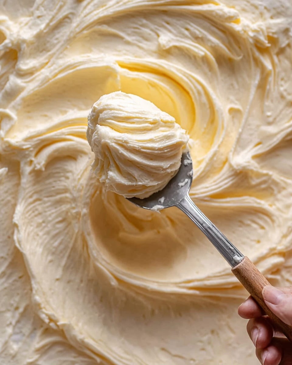 A close-up view of a creamy, pale yellow batter or frosting being scooped with a metal spoon that has a wooden handle, held by a woman's hand, showing smooth, swirled texture with soft peaks; the background and surface are filled with more of the same creamy mixture with light ridges and a rich, thick consistency, all set against a white marbled texture. photo taken with an iphone --ar 4:5 --v 7