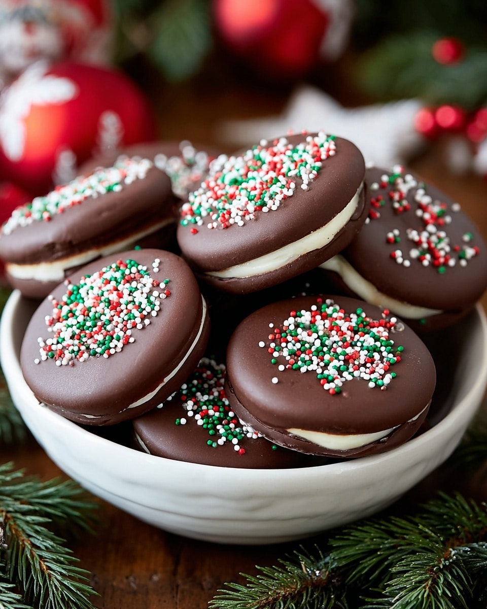 A white bowl full of round chocolate-covered sandwich cookies, each with a middle layer of white cream and topped with red, white, and green round sprinkles. The cookies are stacked so some lie flat while others lean on each other, showing a smooth, dark chocolate outer layer with a soft white cream center visible on the edges. The bowl sits on a wooden table surrounded by green pine branches, with blurred red and white holiday decorations in the background. photo taken with an iphone --ar 4:5 --v 7