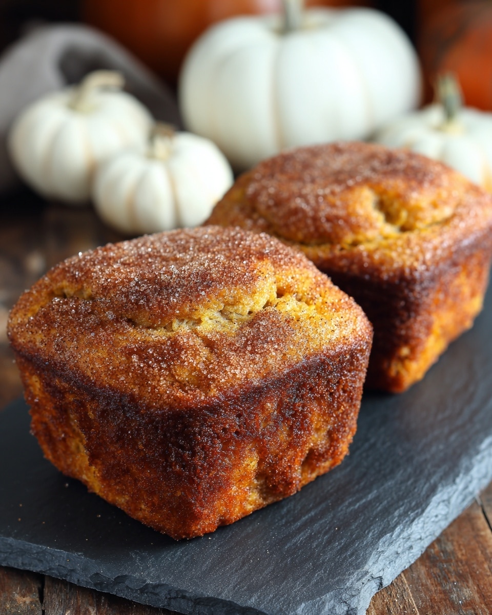 Two square-shaped pumpkin muffins with a rough, crumbly top layer sprinkled with cinnamon sugar, showing a rich orange-brown color, sit close together on a dark slate board placed on a wooden surface. The muffins have a slightly cracked and textured top with a darker, caramelized bottom crust. In the blurry background, there are small white pumpkins on the white marbled texture. photo taken with an iphone --ar 4:5 --v 7