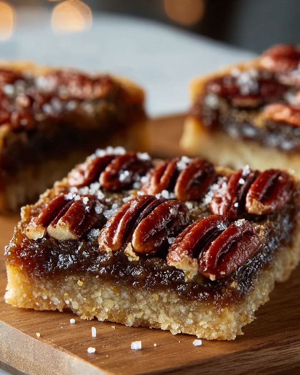 A square pecan pie bar with three visible layers: the bottom layer is a thick, crumbly light beige crust, the middle layer is a dark brown, sticky syrup filling, and the top layer consists of whole, glossy, reddish-brown pecans arranged neatly and sprinkled with coarse white salt crystals. The bar rests on a light brown wooden surface with two more bars blurred in the background, all set against a white marbled texture. Photo taken with an iphone --ar 4:5 --v 7