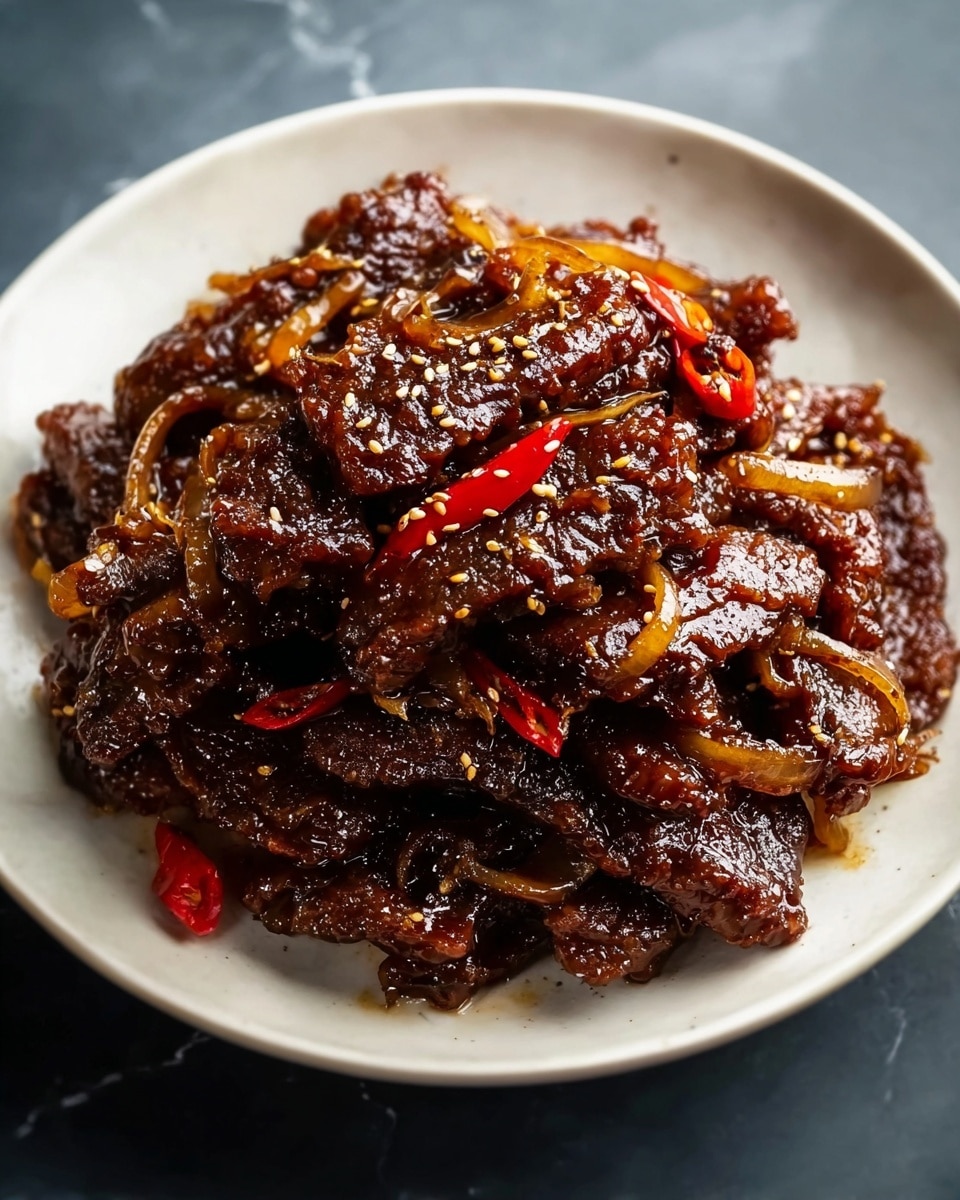 A white plate holds a pile of glossy, dark brown beef slices coated in a sticky sauce, with visible sesame seeds sprinkled on top. Thin, caramelized onion strips are layered throughout the beef, adding a slightly shiny, amber texture. Bright red chili slices peek out from within the stack, providing a pop of contrasting color. The beef looks tender and juicy, with a rich, thick sauce that glistens under the light, all set against a white marbled surface. photo taken with an iphone --ar 4:5 --v 7