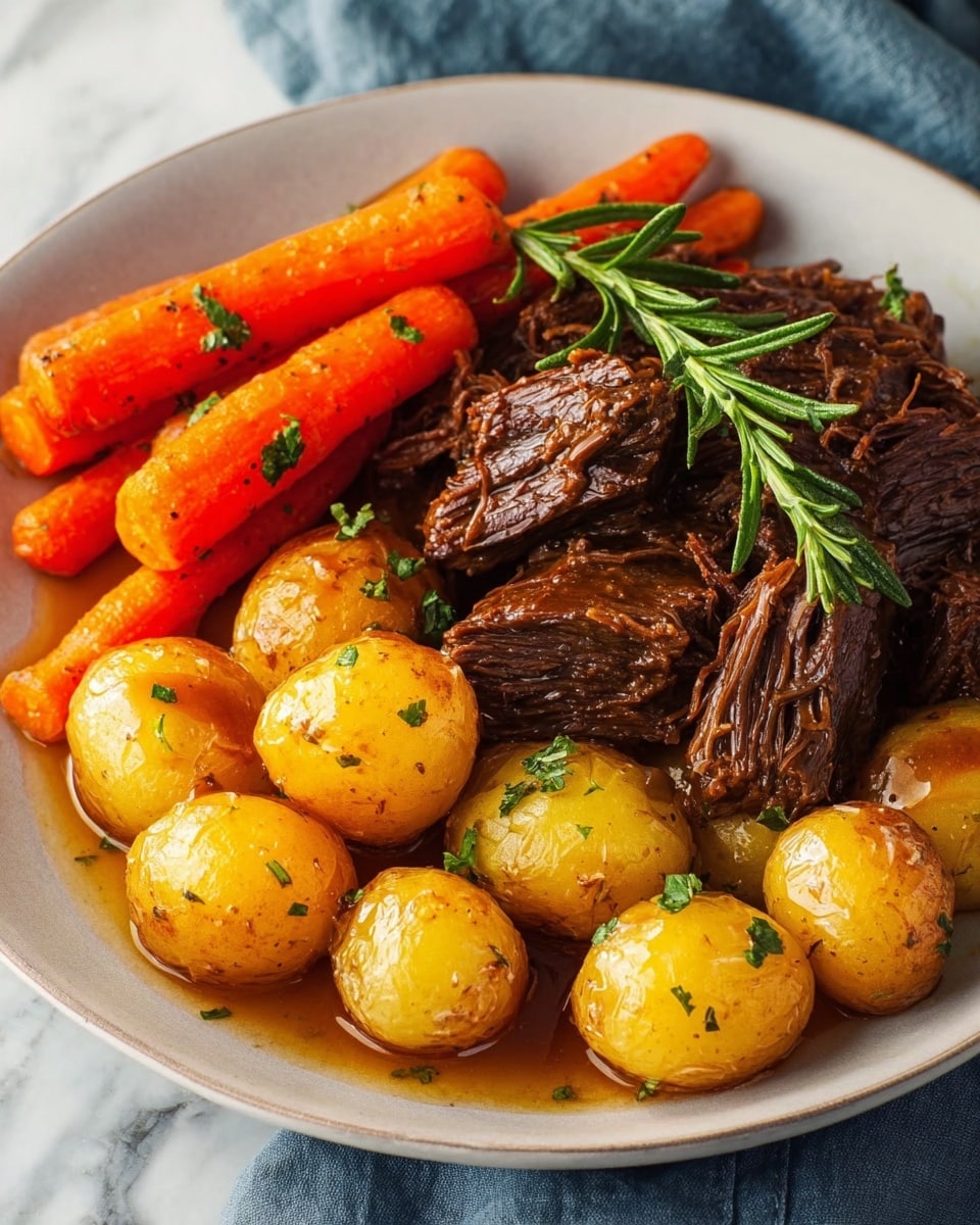 A white plate holds a dark brown, tender-looking piece of cooked meat at the center, topped with fresh green rosemary sprigs. Surrounding the meat are small, golden-brown potatoes with a slightly glossy surface and bright orange baby carrots, both sprinkled with fresh green herbs. The vegetables and meat sit on a bed of cooked onions and thyme sprigs, all resting on a white marbled textured background. The whole dish looks warm and savory with a mix of rich, earthy colors and fresh green accents. photo taken with an iphone --ar 4:5 --v 7