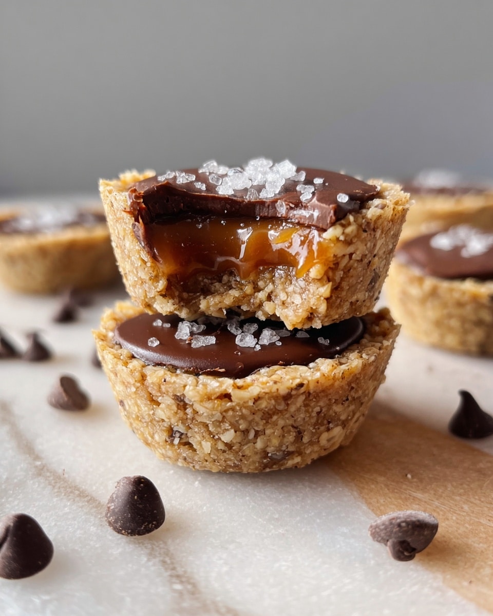 The image shows two small round tartlets stacked on top of each other on a white marbled surface. Each tartlet has a crumbly, grainy light brown crust forming the base and sides. The top layer of the bottom tartlet is covered with smooth, dark brown chocolate. The top tartlet reveals a bit of its inside, showing a soft, gooey caramel layer beneath a shiny dark chocolate top sprinkled with coarse salt flakes. Around the tartlets, there are scattered chocolate chips and small salt flakes, all under soft natural light with a grey blurred background photo taken with an iphone --ar 4:5 --v 7