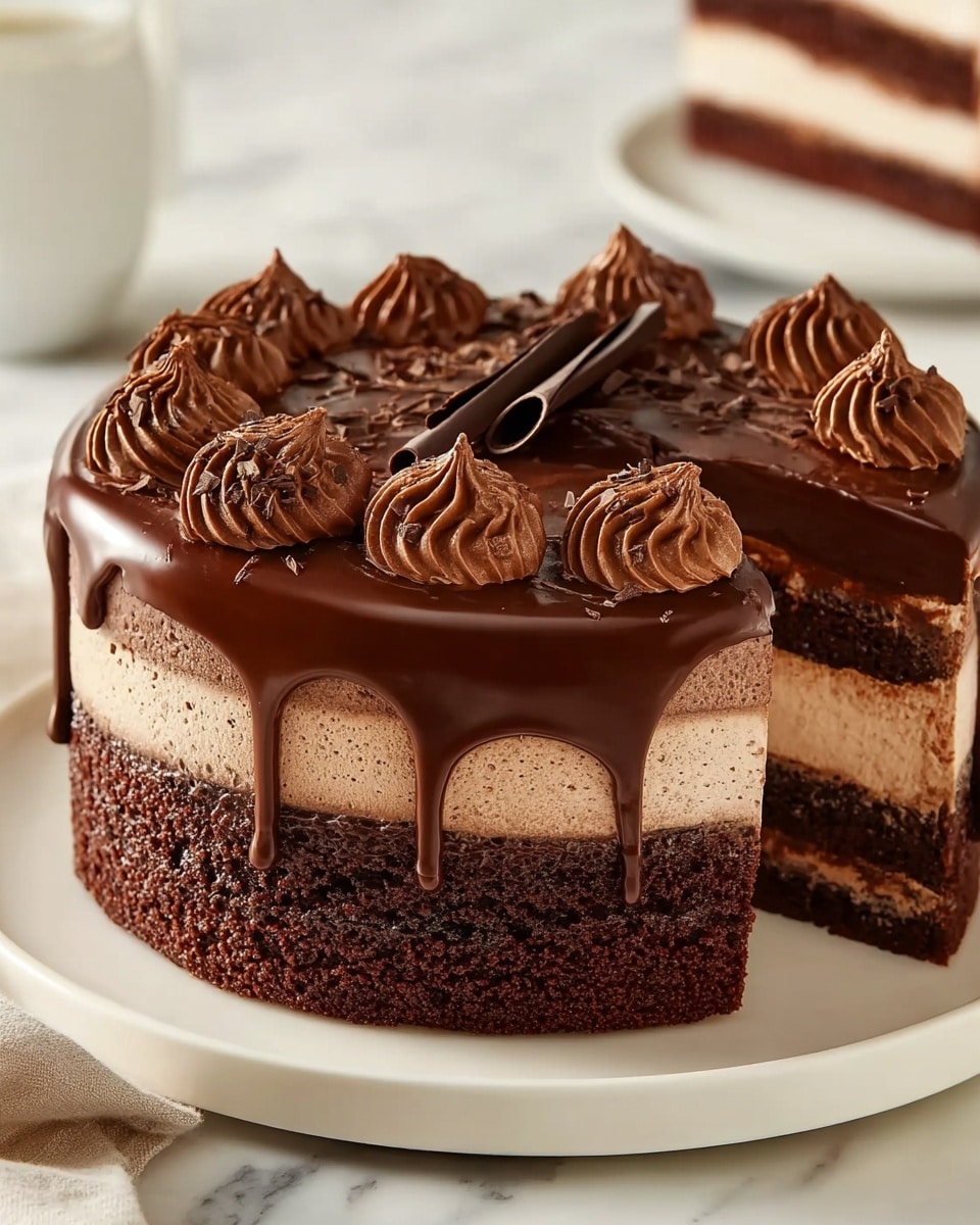 A rich chocolate cake with four visible layers sits on a white plate over a white marbled texture. The bottom and third layers are dark, moist chocolate cake, while the second and top layers are lighter, creamy chocolate mousse. The cake is topped with thick, glossy dark chocolate ganache dripping slightly over the sides, decorated with swirls of chocolate cream near the edge, and finishing with curved pieces of dark chocolate in the center. Photo taken with an iphone --ar 4:5 --v 7