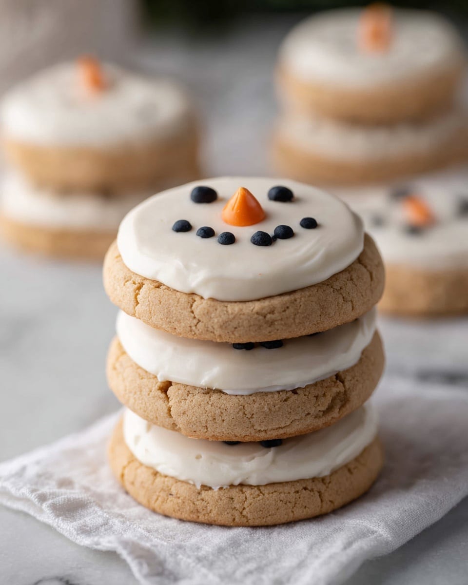 The image shows a close-up of a cookie cut in half stacked on top of each other on a white wooden board with white parchment paper. The bottom layer is a thick, soft-looking brown cookie base, and above it is a thick white icing layer with small black and orange decorations on top. The background is blurred and shows green foliage and red berries on a white marbled texture surface. photo taken with an iphone --ar 4:5 --v 7