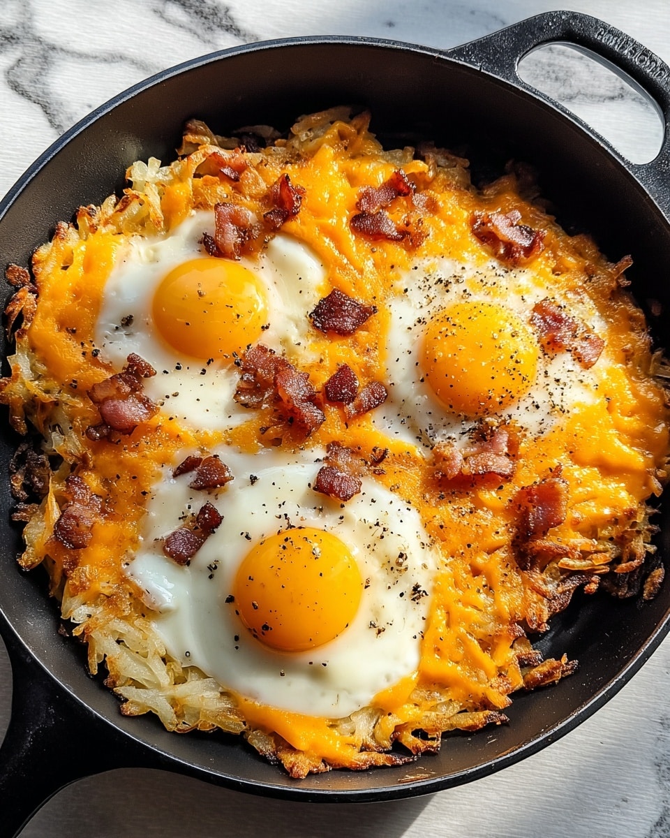 A black skillet holds a breakfast dish with four sections. Three sections have melted orange cheddar cheese on a spread of golden brown hashbrowns with small pieces of crispy bacon scattered on top. The fourth section has a sunny side up egg with a bright yellow yolk and slightly browned edges on the white, speckled with black pepper. The dish sits on a surface with a white marbled texture. photo taken with an iphone --ar 4:5 --v 7