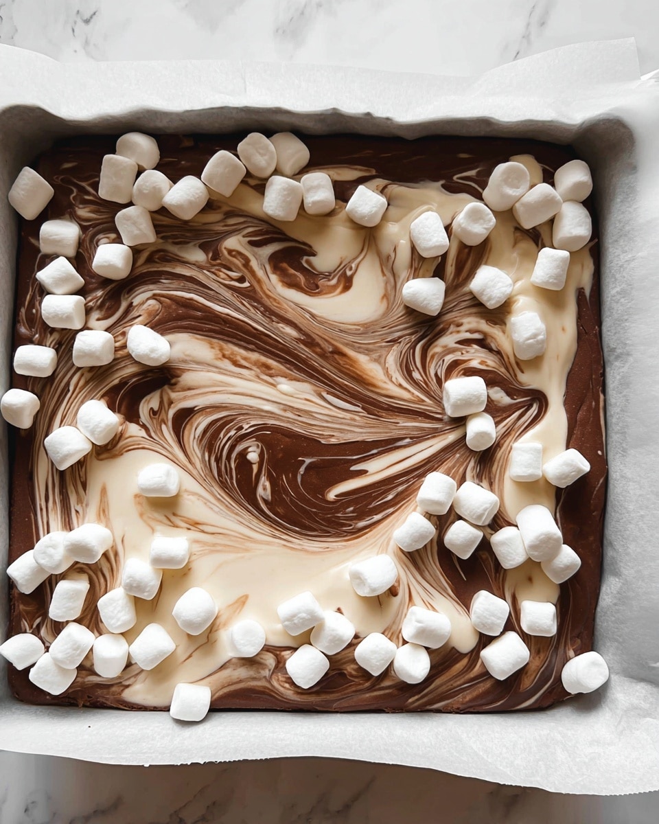 A baking tray lined with white parchment paper holds a dessert with two swirled layers of chocolate and cream colors, creating a marbled effect on top. The dessert is sprinkled with small, white mini marshmallows scattered mostly around the edges and some in the center, resting on the smooth mixture. The scene has a soft, natural light highlighting the glossy texture of the chocolate swirl and the fluffy look of the marshmallows, all set against a white marbled surface. photo taken with an iphone --ar 4:5 --v 7