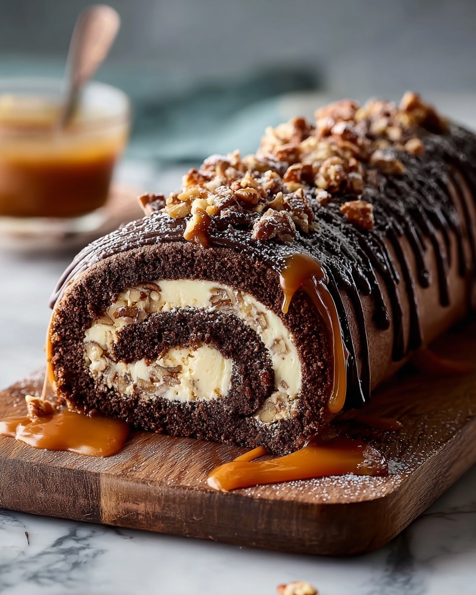 A rolled chocolate cake is shown sliced at the front, resting on a wooden board. The cake has three visible layers in the swirl: a dark chocolate sponge on the outside, a creamy white filling with nut pieces in the middle, and a thin chocolate cream layer inside the cream. The top of the roll is covered with rich caramel sauce dripping down the sides and pooled slightly on the board, with some dark chocolate drizzle over it. Crushed nuts and a light dusting of powdered sugar are sprinkled over the caramel on top. In the blurred background, a glass cup with caramel and a spoon is visible on a white marbled surface. photo taken with an iphone --ar 4:5 --v 7