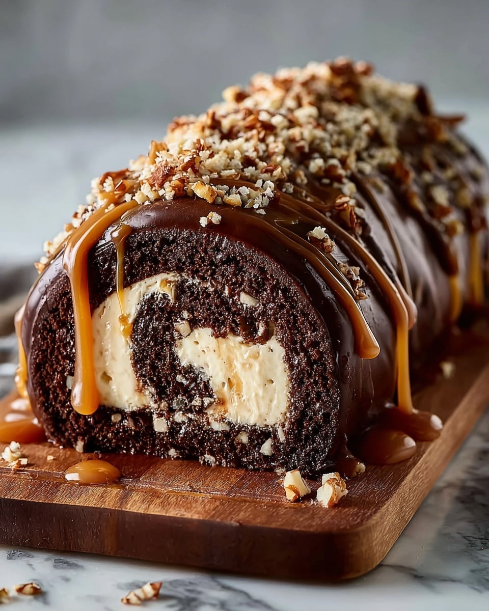 A chocolate roll cake is shown on a wooden board with a white marbled surface beneath. The cake has three main layers visible in the cut slice: a dark chocolate sponge outer layer, a thick creamy light beige filling in the center, and a nutty layer with chopped nuts at the bottom inside the roll. The outside is coated with a glossy dark chocolate glaze, drizzled with golden caramel sauce that flows down the sides, and topped with crushed nuts for texture. Photo taken with an iphone --ar 4:5 --v 7
