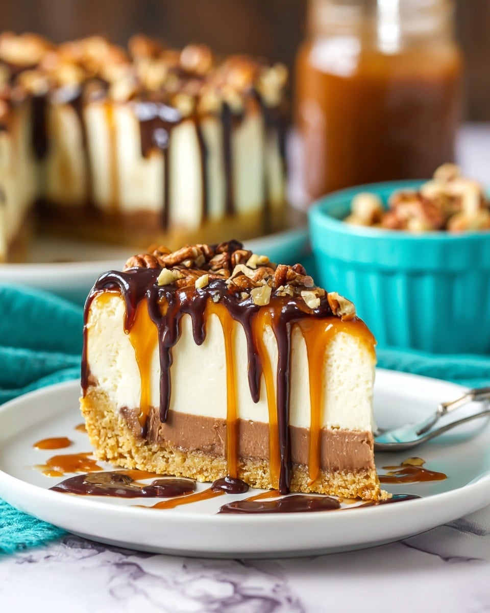 A slice of layered cheesecake sits on a white plate, showing four visible layers: the bottom is a golden, crunchy crust, above it is a thick, smooth brown layer, followed by a tall, creamy white cheesecake layer, all topped with a shiny drizzle of caramel and dark chocolate sauces flowing over the edges, sprinkled with small pieces of nuts. In the blurred background, a full cheesecake with the same layers and toppings is visible on a white plate, along with a turquoise bowl filled with nuts and a jar. The scene is set on a white marbled texture surface. Photo taken with an iphone --ar 4:5 --v 7