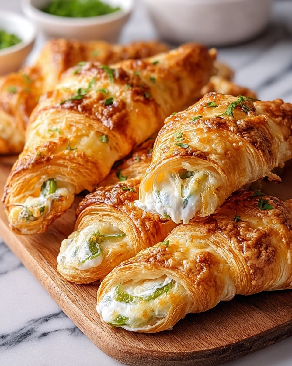 The image shows several golden-brown croissants with a crispy and flaky outer layer, each cut open in the middle to reveal a creamy white cheese filling with green pepper slices visible inside. The croissants are sprinkled with small bits of fresh green herbs on top, adding a touch of color and freshness. The flaky texture of the pastry is highlighted by the browned, bubbly cheese baked into the surface. They are arranged closely together on a wooden board placed on a surface with white marbled texture. In the background, small white bowls are slightly out of focus. photo taken with an iphone --ar 4:5 --v 7