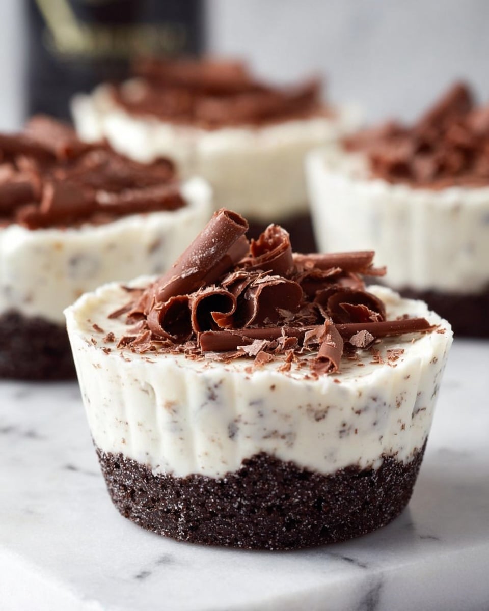 The image shows small dessert cups with two main layers on a white marbled surface. The bottom layer is dark brown and crumbly, looking like a chocolate cookie crust. Above that is a thick, creamy white layer mixed with tiny bits of chocolate, giving it a textured look. The top of each dessert is decorated with curled pieces of milk chocolate, adding a curled and rough texture. The cups are white and have a slightly scalloped edge, holding the layers neatly. Photo taken with an iphone --ar 4:5 --v 7
