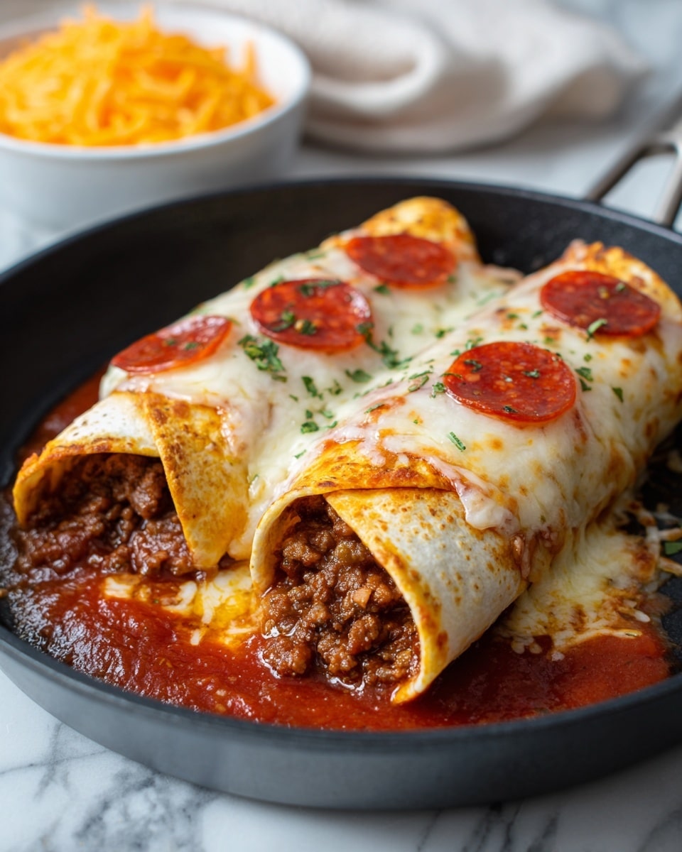 The image shows two rolled tortillas filled with cooked ground meat with a brown, crumbly texture on the bottom layer, sitting inside a black skillet. On top, there is a layer of melted, bubbly white cheese mixed with some red sauce peeking through. The top layer is decorated with several round, reddish pepperoni slices and sprinkled with small green herb pieces. The skillet holds a small amount of red sauce around the edges. The background features a soft focus view of shredded orange cheese in a white bowl on a white marbled surface. Photo taken with an iphone --ar 4:5 --v 7