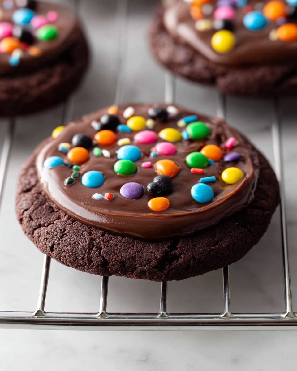 A single dark brown chocolate cookie is placed on a silver cooling rack over a white marbled surface, topped with a smooth, thick layer of glossy dark chocolate frosting that spreads evenly, but not perfectly round. Scattered across the chocolate layer are small, colorful candy pieces in bright colors like blue, yellow, orange, pink, red, green, black, and purple, adding texture and contrast. The cookie itself looks soft and slightly cracked on the edges, creating a rich, dense texture. photo taken with an iphone --ar 4:5 --v 7