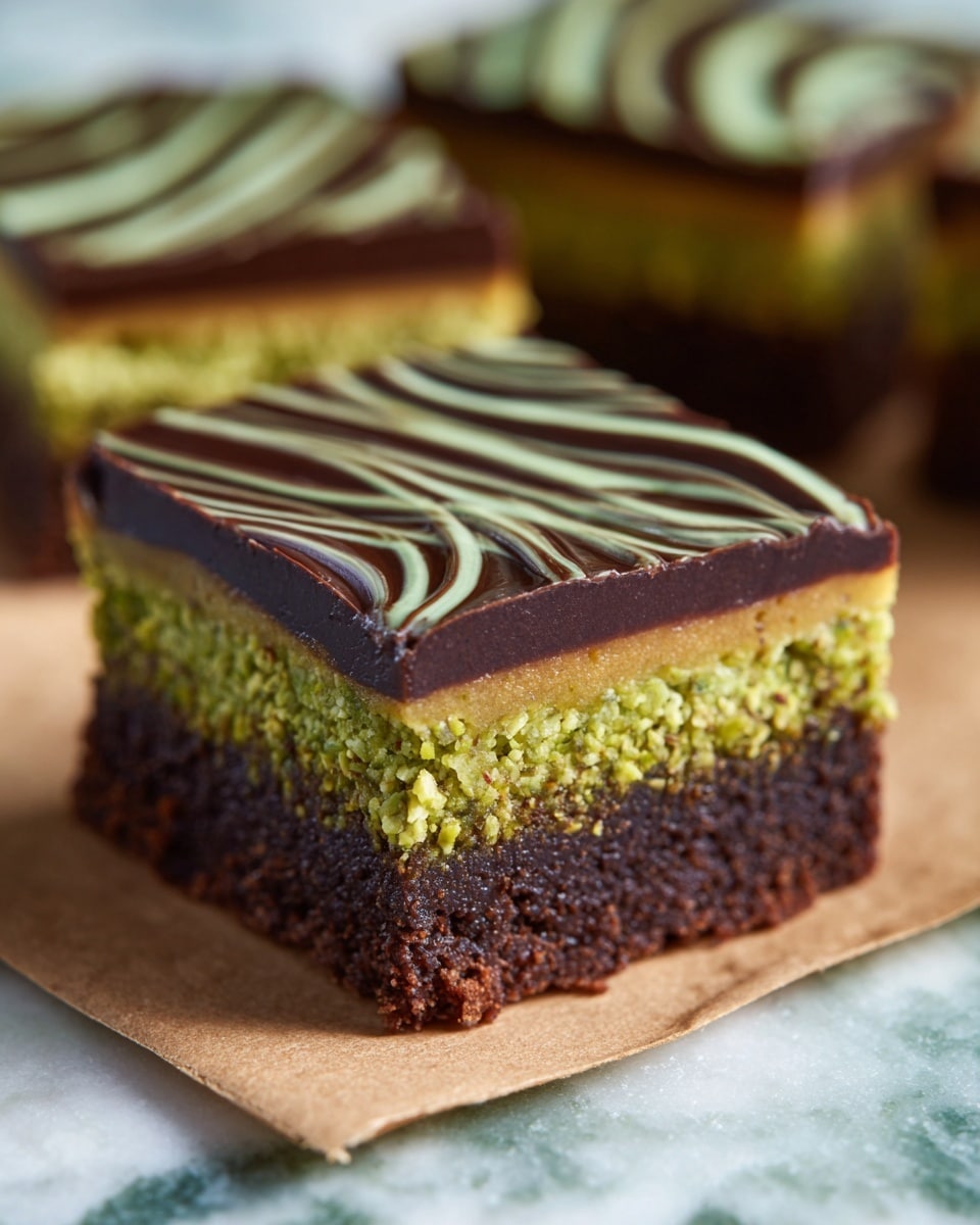 The image shows a close-up of a three-layer square dessert piece resting on brown paper on a white marbled surface. The bottom layer is dark brown and dense, resembling a rich chocolate brownie. Above that, the middle layer is thick and textured with a greenish-yellow color, likely a pistachio or nut paste. The top layer is a smooth, shiny dark chocolate glaze with a decorative pattern of light green lines creating a wave design. The dessert is cut into neat squares, and the focus highlights the layers' distinct colors and textures. Photo taken with an iphone --ar 4:5 --v 7