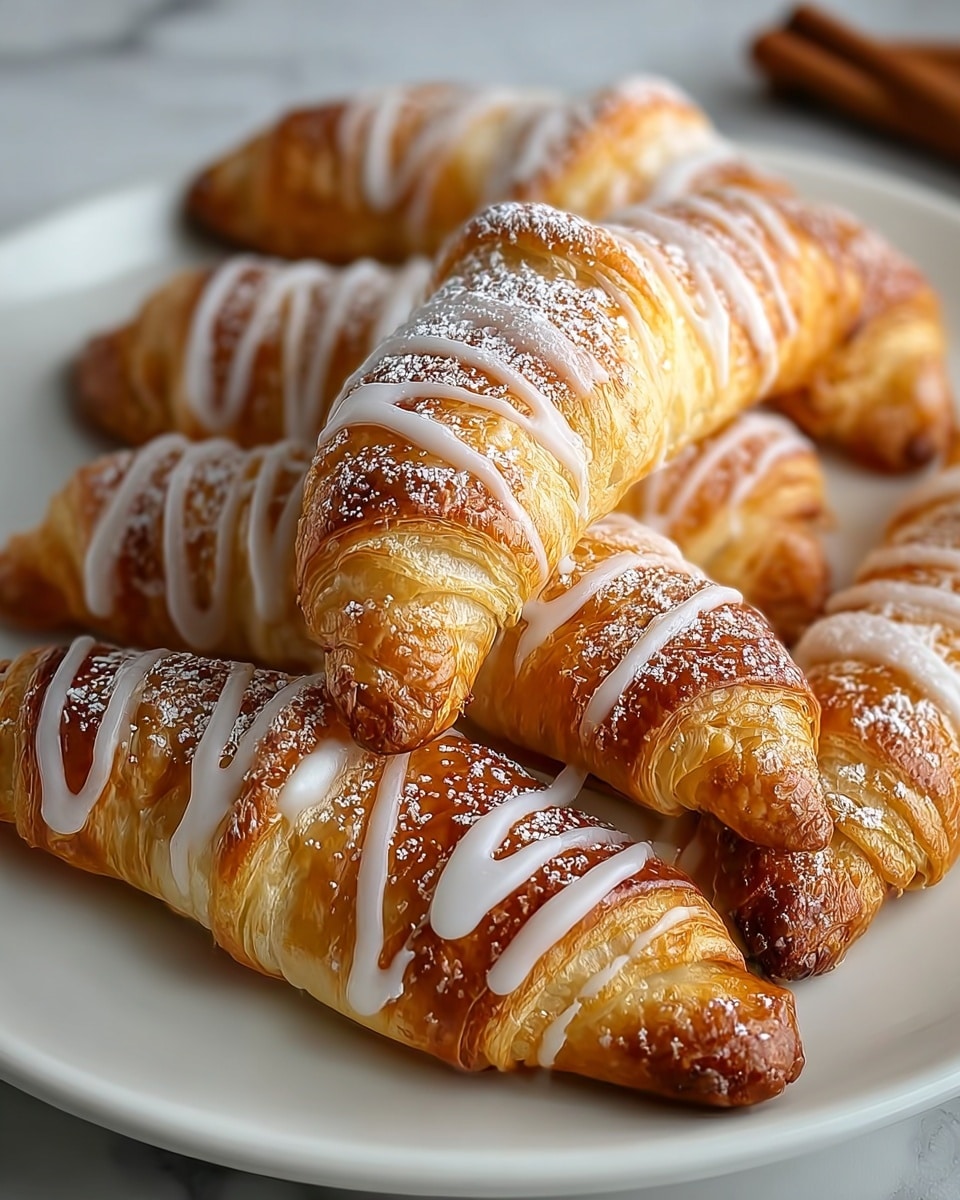 A white plate holds five golden-brown croissants arranged closely together, each displaying multiple flaky, shiny layers with a crisp texture. A white glaze is drizzled diagonally over the croissants in even stripes, and a light dusting of powdered sugar decorates the tops, adding a soft contrast to the warm baked tones. The plate sits on a white marbled surface, enhancing the bright and clean presentation. photo taken with an iphone --ar 4:5 --v 7