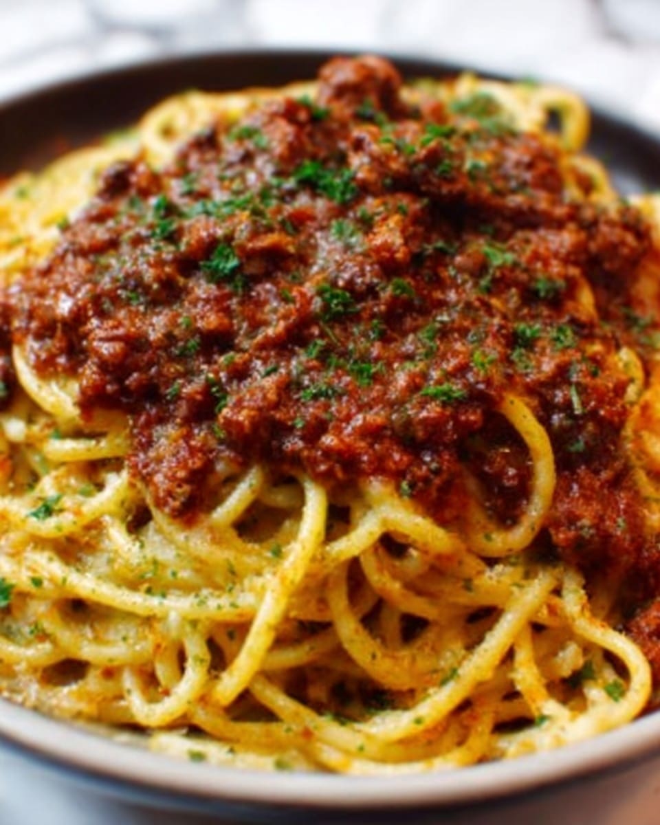 A close-up of a white bowl filled with spaghetti pasta covered in thick, chunky tomato meat sauce. The sauce is spread on top in a rich dark red color with visible pieces of minced meat and herbs. The pasta strands are golden yellow and slightly glossy, twisted loosely in the bowl. Small green parsley leaves are sprinkled on top for decoration. The bowl is placed on a white marbled surface. photo taken with an iphone --ar 4:5 --v 7