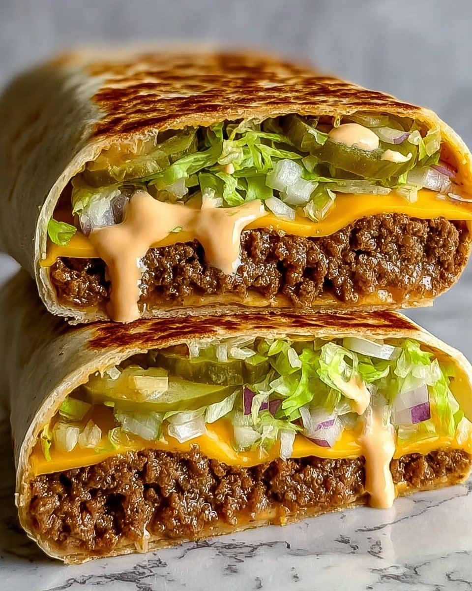 The image shows two halves of a toasted wrap stacked, each with a golden-brown grilled tortilla as the outer layer. Inside, there are multiple layers starting from the bottom with fresh green shredded lettuce and small white onion pieces. Above that is a thick layer of cooked ground beef, rich brown in color and crumbly in texture. On top of the beef, there are slices of bright yellow cheddar cheese and green pickle slices. The top layer is a creamy, light orange sauce that is dripping slightly down the sides of the wrap, creating a delicious and juicy look. The wrap is placed on a white marbled textured surface. photo taken with an iphone --ar 4:5 --v 7