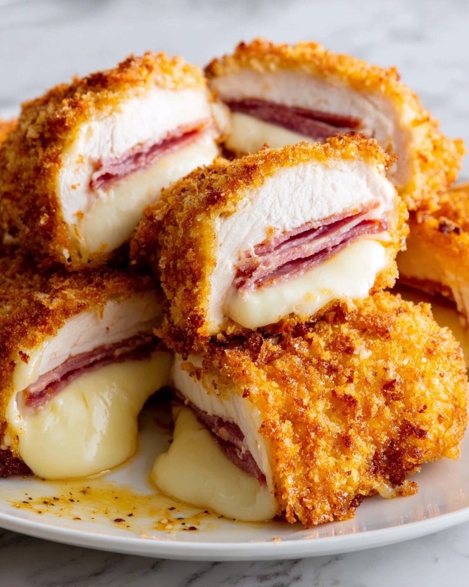 A close-up view of several pieces of breaded chicken, each cut open to show three layers: a golden-brown crunchy outer crust, a thick white cooked chicken breast layer, and inside, a thin slice of pink ham above a thick, creamy melted cheese layer that is slightly oozing. The chicken pieces are arranged on a white plate with some crumbs and a bit of light sauce residue on the plate's edge, set against a white marbled textured background. photo taken with an iphone --ar 4:5 --v 7