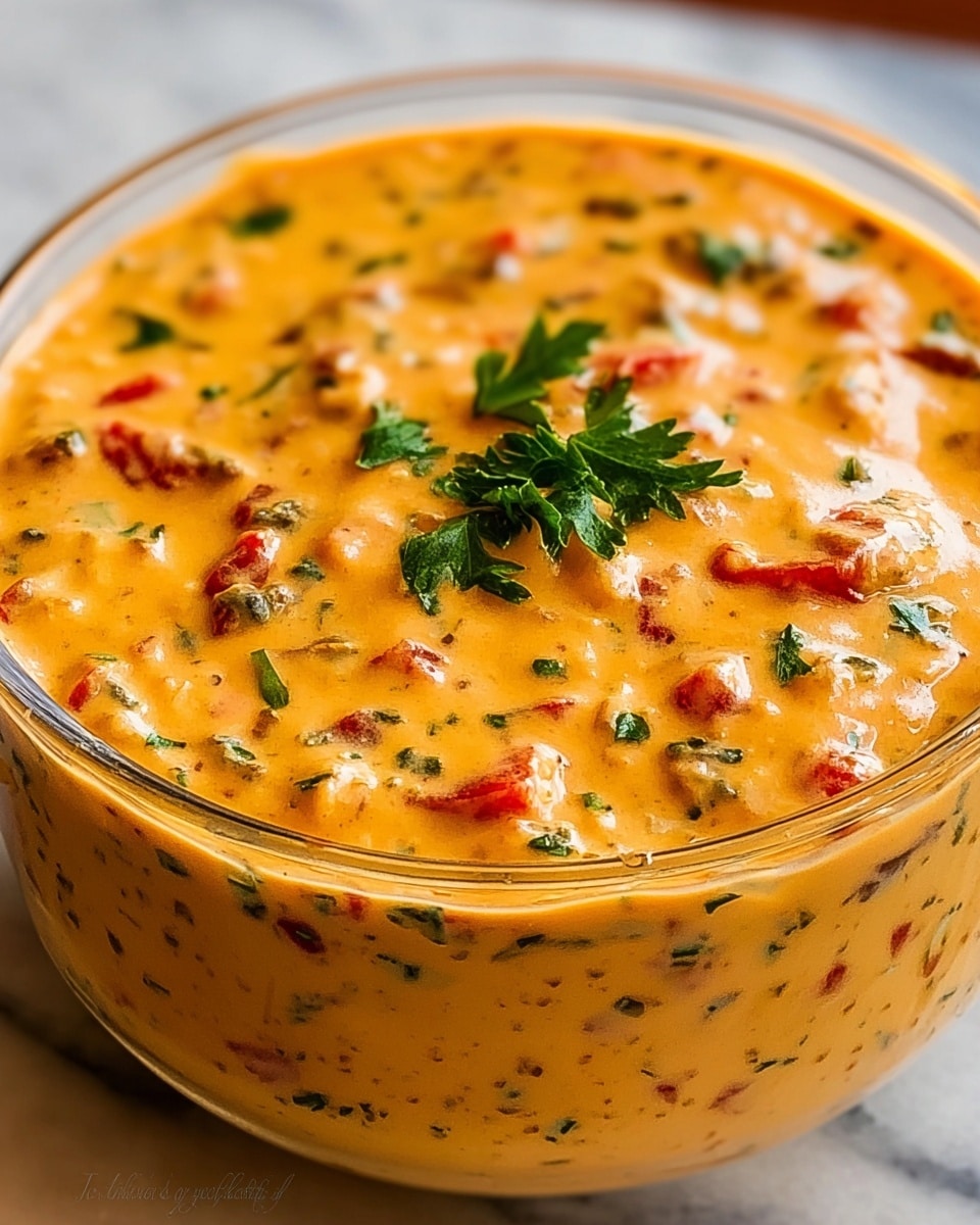 A close-up view of a thick creamy orange dip served in a clear glass bowl filled to the top, showing a smooth yet chunky texture with small pieces of red tomatoes and green herbs mixed evenly throughout. The dip's orange base is dotted with visible bits of seasoning and herbs, giving it a rich and fresh look. The surface of the dip is glossy, with fresh green parsley leaves scattered on top, adding color contrast. The bowl is placed on a white marbled surface, highlighting the vibrant colors of the dip. photo taken with an iphone --ar 4:5 --v 7