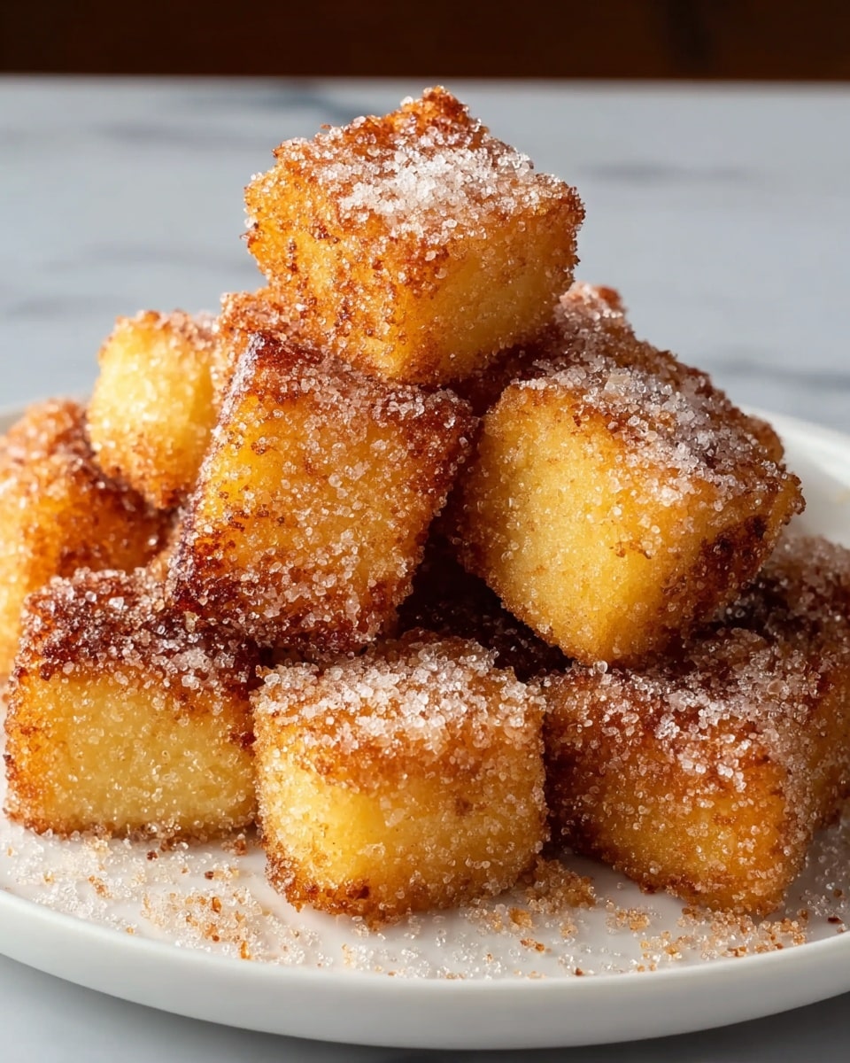 A white plate holds a small pile of golden brown fried cubes coated in sparkling sugar granules, with each cube showing a slightly rough, crispy texture on the outside and a softer, light yellow inside. The cubes are stacked unevenly, creating a small mound with sugar dust scattered around them on the plate, resting on a white marbled surface. photo taken with an iphone --ar 4:5 --v 7