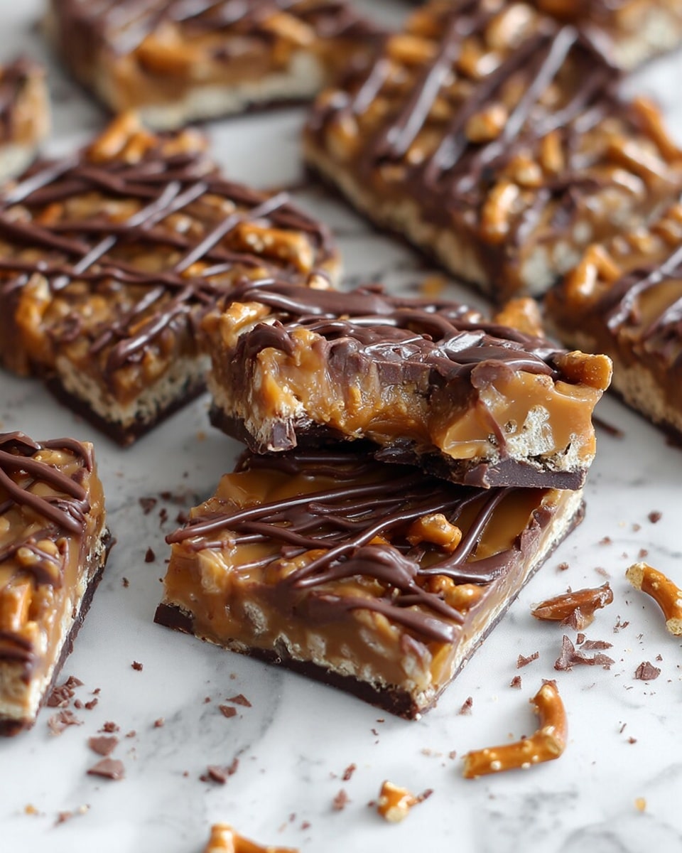 The image shows several square pieces of a dessert bar made of three visible layers. The bottom layer is a thin, dark chocolate base with a firm texture. The middle layer is made up of light brown caramel mixed with crushed pretzels, giving it a bumpy and glossy look. The top layer features dark chocolate drizzled in a messy crisscross pattern across the caramel. One square piece in the center has a bite taken out, showing the three layers clearly. The pieces are placed on a white marbled surface with small crumbs and bits of chocolate scattered around. photo taken with an iphone --ar 4:5 --v 7