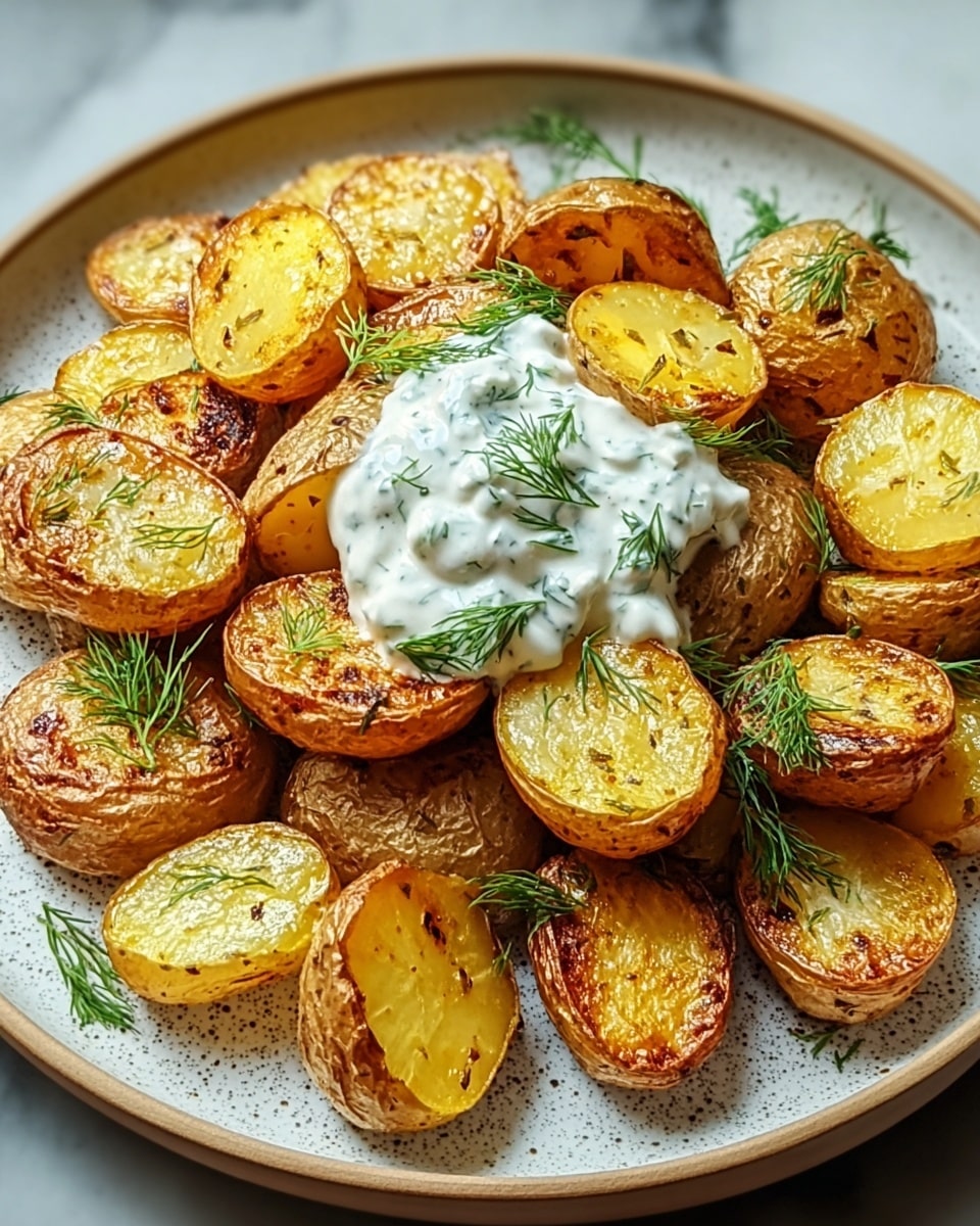 A pile of golden-brown roasted baby potato halves sits on a white speckled plate, each potato showing a crispy, textured skin and soft inside. The potatoes are layered unevenly, giving a natural, rustic feel, with some cut sides facing up, showing a light yellow and tender flesh, while others show the browned, slightly rough skin. On top, there is a dollop of creamy white sauce mixed with small green herb bits, garnished with delicate sprigs of fresh dill scattered around. The plate is placed on a white marbled surface, enhancing the warm colors of the potatoes. photo taken with an iphone --ar 4:5 --v 7