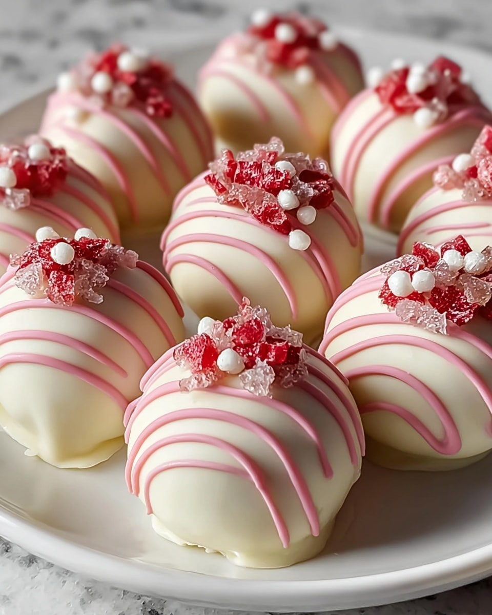 A white plate holds eight round truffles, each coated in smooth white chocolate. On top of each truffle, there is a layer of pink drizzle creating thin, wavy stripes. At the very top center, there is a small pile of chopped red strawberries mixed with tiny white candy pearls. The truffles are arranged close together on a white marbled surface. photo taken with an iphone --ar 4:5 --v 7