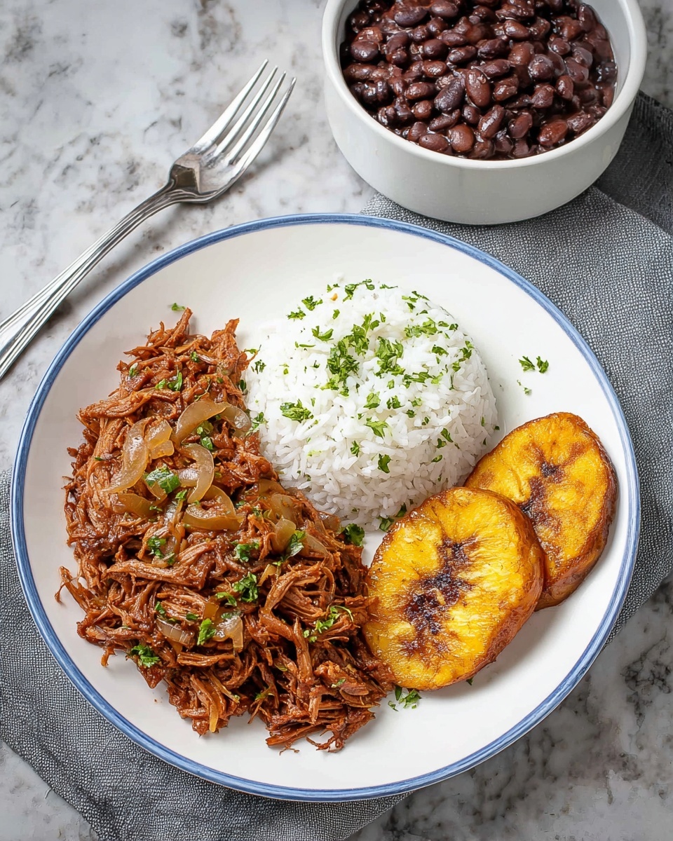 A white plate with a blue rim holds a meal arranged in three sections: on the left is a pile of shredded brown meat cooked with onions and garnished with small green herbs, in the middle is a mound of fluffy white rice sprinkled with green herbs, and on the right are two slices of golden-brown fried plantains with a slightly caramelized texture. Next to the plate, there is a small white bowl filled with dark brown beans, showing some whole beans on top. A silver fork rests on a gray cloth napkin beside the plate, and the whole scene is set on a white marbled textured surface. photo taken with an iphone --ar 4:5 --v 7