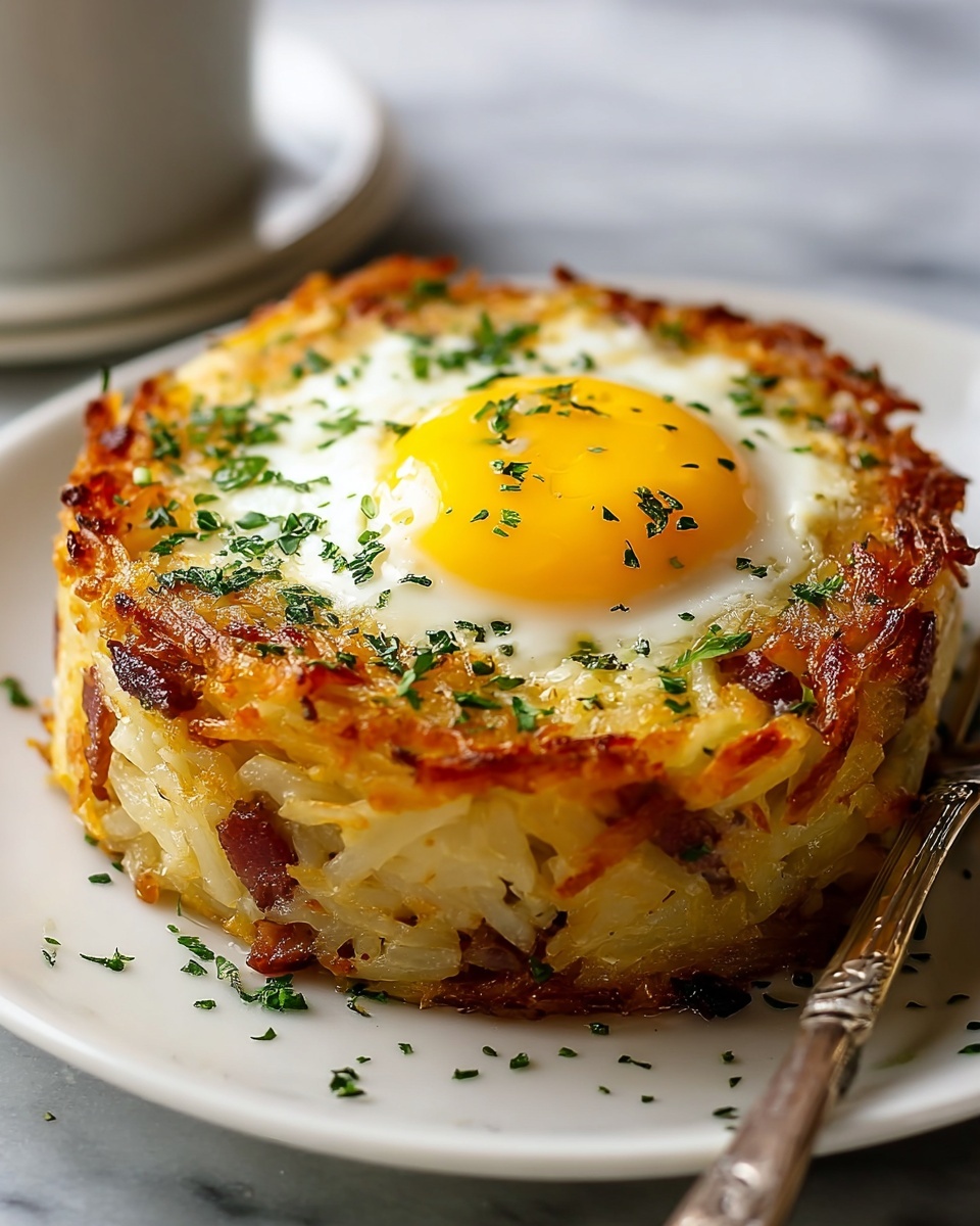 A round, thick hash brown cake sits on a white plate with a golden-brown crispy edge. The cake has visible shredded potatoes mixed with small pieces of browned bacon throughout its layers. On top, a sunny-side-up egg with a bright yellow yolk and glossy white is garnished with scattered green herbs, adding a fresh color contrast. The plate is on a white marbled surface, with a silver fork resting near the edge. Photo taken with an iphone --ar 4:5 --v 7