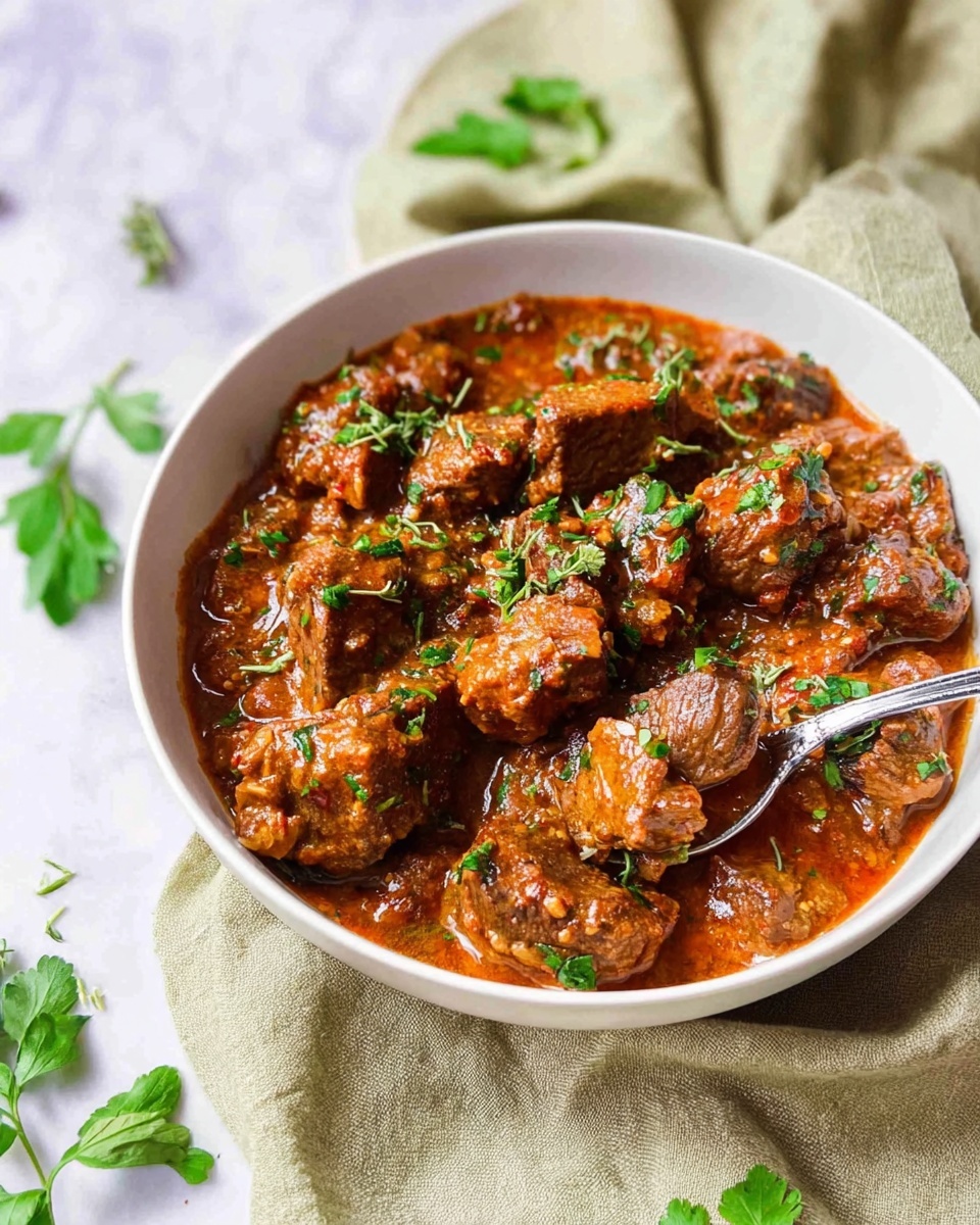 A white bowl filled with a rich, thick stew made of brown meat chunks coated in a reddish-brown sauce, garnished with bright green chopped herbs scattered on top. A silver spoon holds a scoop of the stew, showing tender meat pieces and bits of sauce, and is resting inside the bowl. The bowl sits on a soft, light olive-green cloth, with additional green herb leaves placed around on a white marbled surface. Photo taken with an iphone --ar 4:5 --v 7