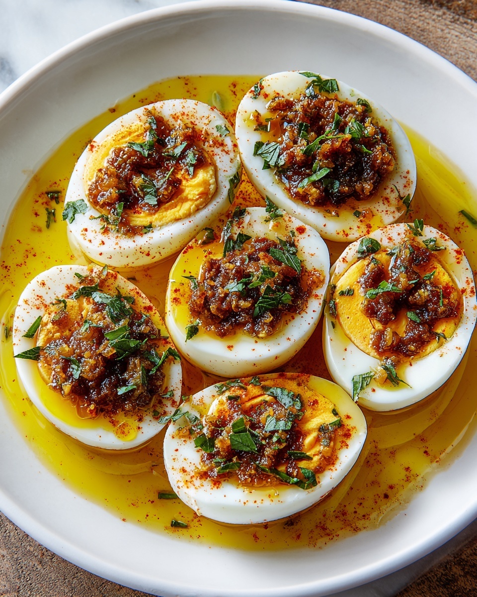 The image shows a white round plate holding seven halves of boiled eggs arranged in a loose circle. Each egg half has a smooth white egg white layer on the outside and a firm, bright yellow yolk in the center. On top of the yolks, there is a thick layer of dark brown sauce with bits of onions or spices, sprinkled evenly with bright green chopped herbs and reddish-orange powder. The eggs sit in a shallow pool of golden oily sauce that slightly covers the bottom of the plate. The plate is placed on a white marbled surface, and the whole scene is brightly lit to show the rich colors and textures clearly. photo taken with an iphone --ar 4:5 --v 7