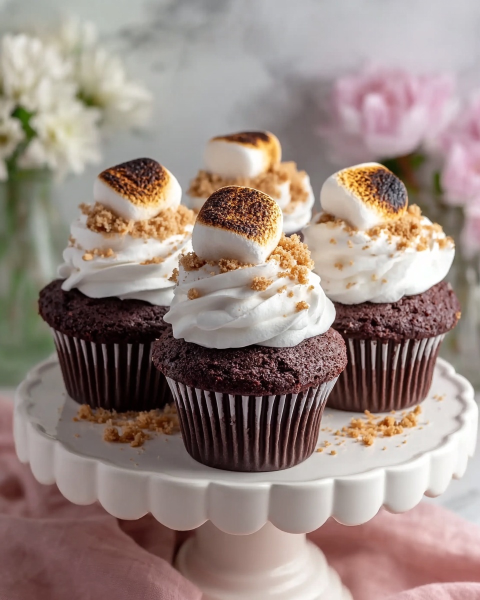 Four chocolate cupcakes sit on a white cake stand with raised edges, placed over a light pink cloth. Each cupcake has a thick dark brown base with fine ridges. On top is a tall swirl of white whipped cream frosting, soft and smooth. Each swirl is topped with two toasted marshmallows, golden brown with some dark spots, and sprinkled with light brown cookie crumbs. The background is soft with blurred white and pink flowers, and the surface is a white marbled texture. photo taken with an iphone --ar 4:5 --v 7