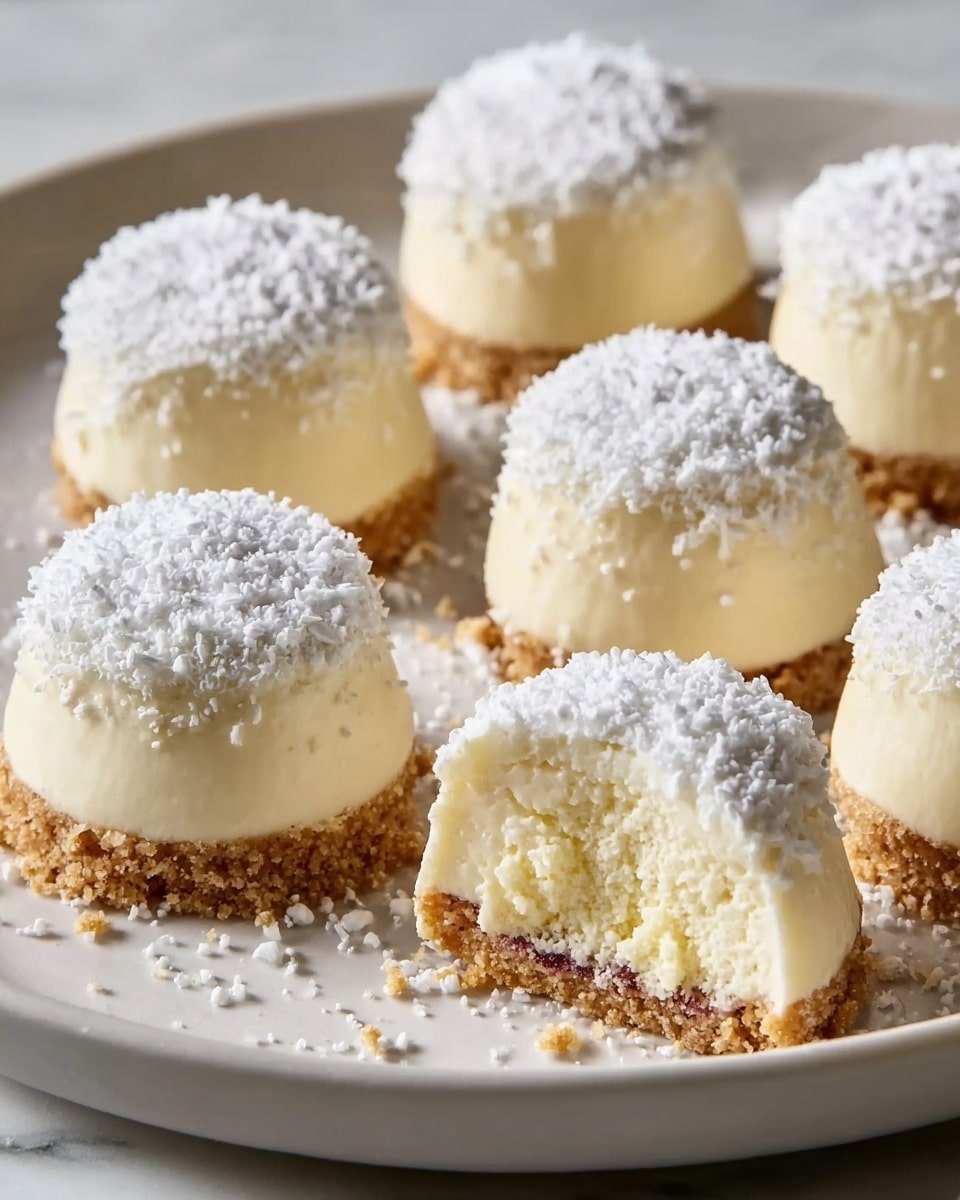 The image shows a close-up of eight dome-shaped mini cheesecakes placed on a white plate with a white marbled texture underneath. Each cheesecake has three layers: the bottom layer is a crumbly, golden-brown crust, the middle layer is a smooth, creamy pale yellow cheesecake filling, and the top layer is a thin white coating sprinkled generously with fine white powdered sugar. Two of the cheesecakes are cut in half to reveal the inside, showing the dense and creamy texture of the filling. The background is softly blurred, keeping the focus on the cheesecakes. photo taken with an iphone --ar 4:5 --v 7