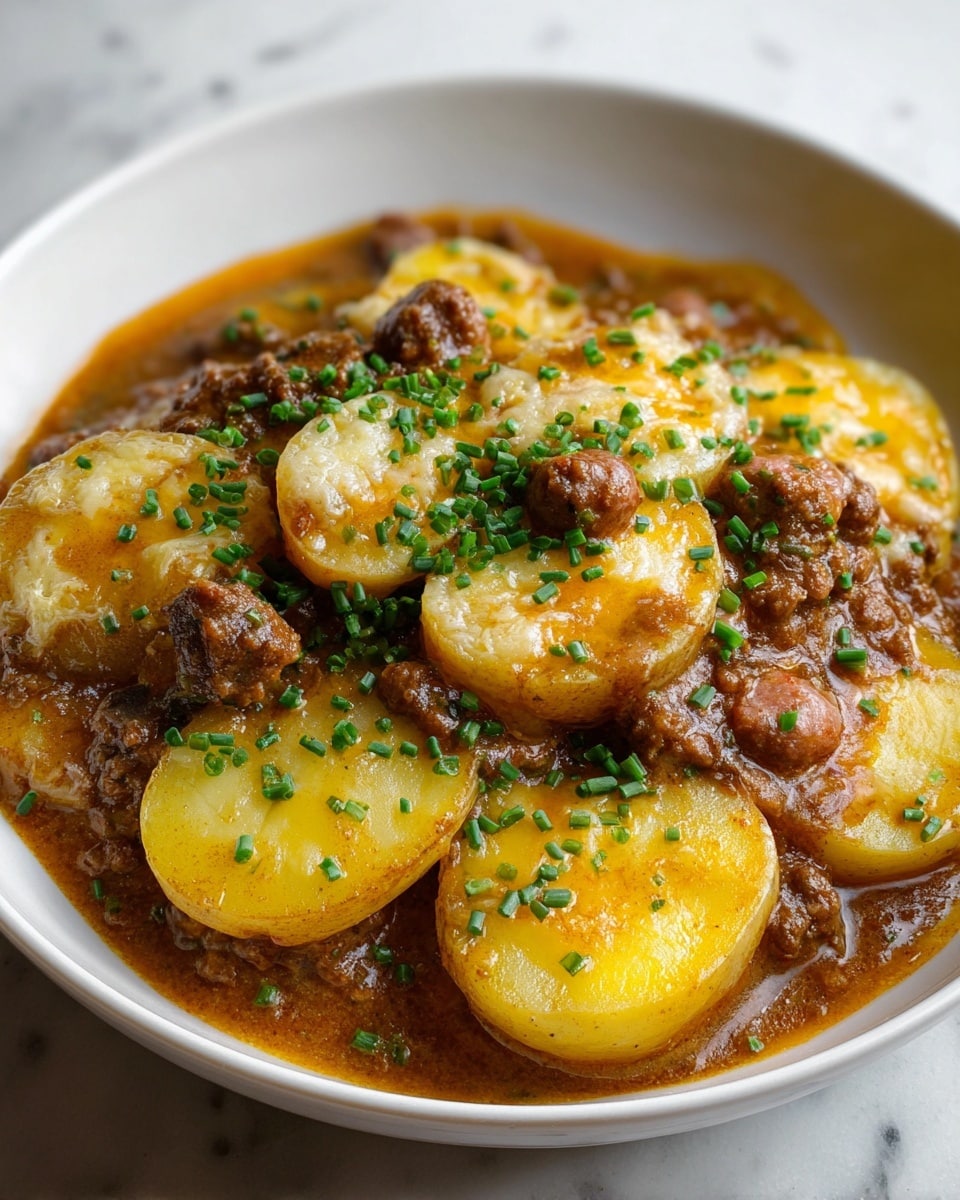This dish shows a stack of three thick potato slices with a smooth, soft texture, each layer light yellow with a slight golden crust on top. Between and around the potatoes are chunky pieces of dark brown minced meat cooked in a glossy brown sauce that pools gently at the base. The whole stack is topped with small, bright green bits of chopped chives, adding a fresh color contrast. The dish is served on a clean, white bowl set on a white marbled surface. photo taken with an iphone --ar 4:5 --v 7