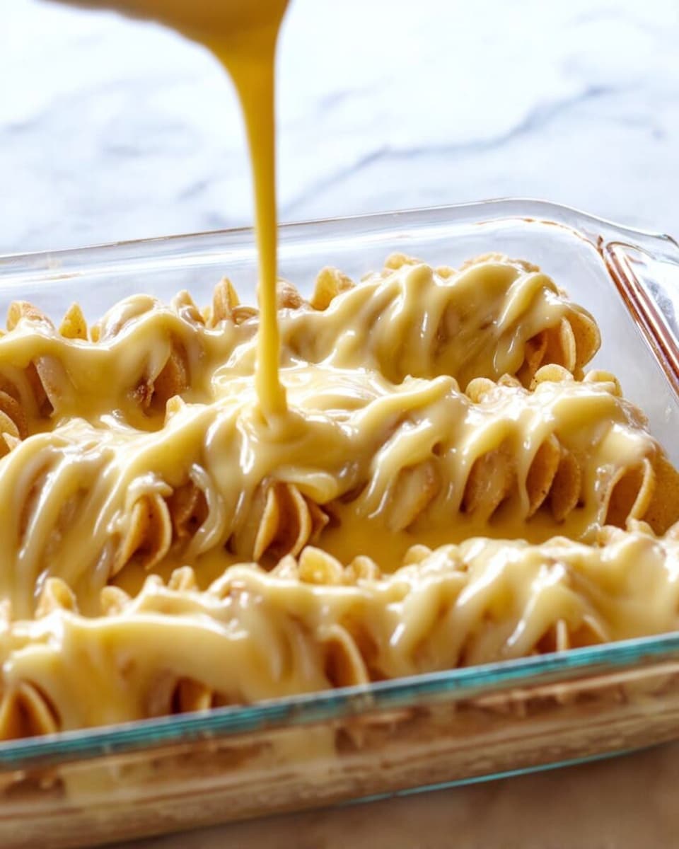 The image shows a close-up of a glass rectangular dish filled with several layers of wavy, golden-brown pasta arranged in rows, covered with creamy, smooth, light yellow cheese sauce being poured over the top. The sauce is thick and evenly coats the pasta, filling the grooves and crevices of the noodles, creating a rich and indulgent look. The clear dish sits on a white marbled surface. Photo taken with an iphone --ar 4:5 --v 7