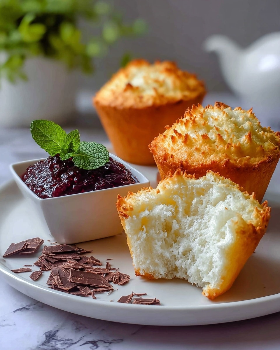 The image shows three golden brown muffins with a slightly rough, crispy texture on top, placed on a white plate. One muffin at the front is broken open, showing a soft, airy white inside with a spongy texture. Next to the broken muffin, there is a white square bowl filled with dark purple-red berry jam, topped with a fresh green mint leaf. Below the muffin, small pieces of dark chocolate shavings are scattered on the plate. The whole scene is set against a white marbled surface with a blurred green plant and a white teapot in the background. photo taken with an iphone --ar 4:5 --v 7