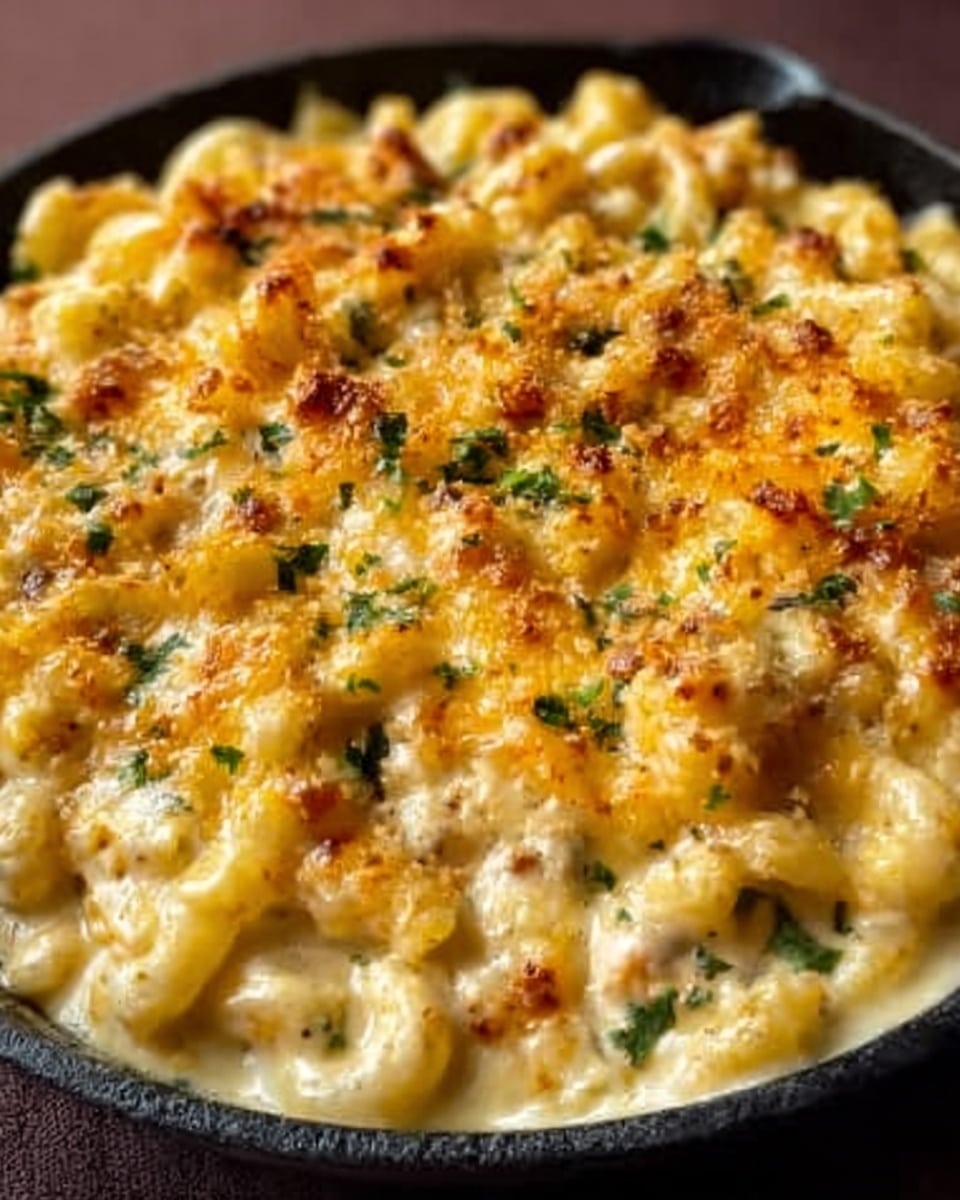 The image shows a close-up of a black skillet filled with creamy macaroni and cheese. The top layer of the dish is golden brown and slightly crispy with melted cheese that has a light yellow and orange tint. Small bits of browned cheese and herbs are scattered evenly across the surface. The macaroni noodles underneath appear soft and covered in a smooth, thick cheese sauce that is pale yellow. Photo taken with an iphone --ar 4:5 --v 7